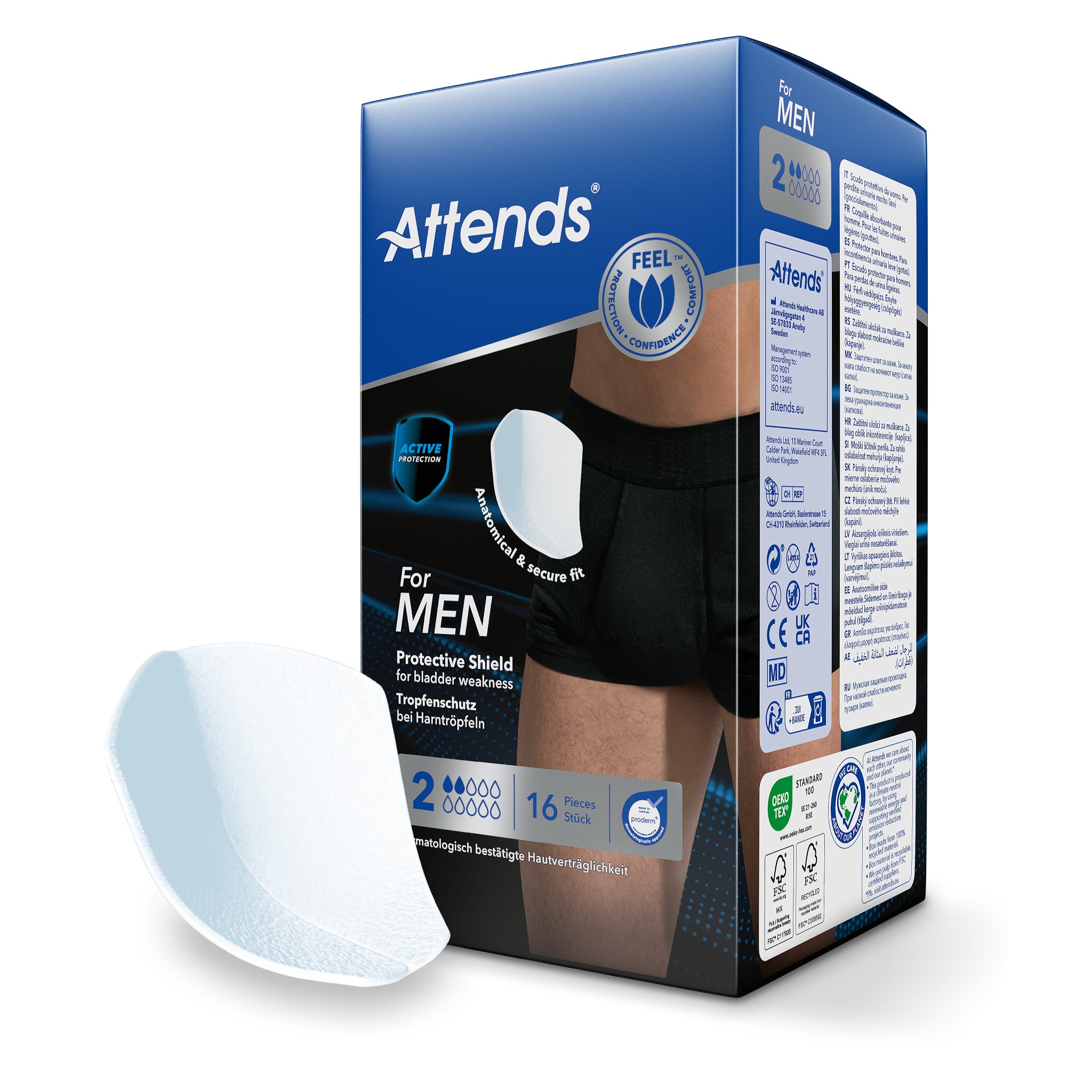 Attends for Men incontinence pads, 16 pack, showing individual absorbent incontinence pads for men.