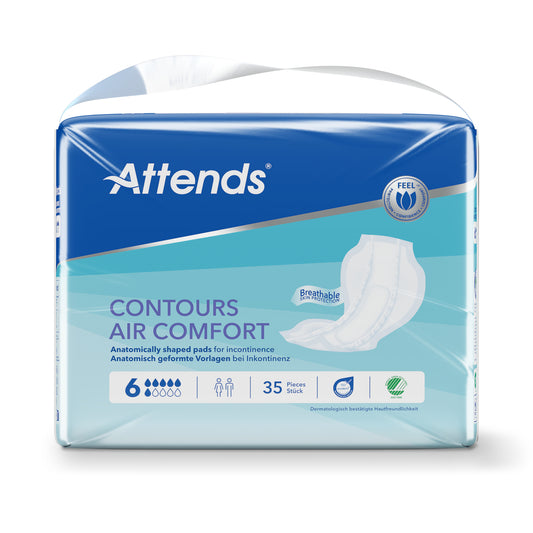 Attends Contours Air Comfort 6 incontinence pads, pack of 35, soft breathable protection for discreet comfort.