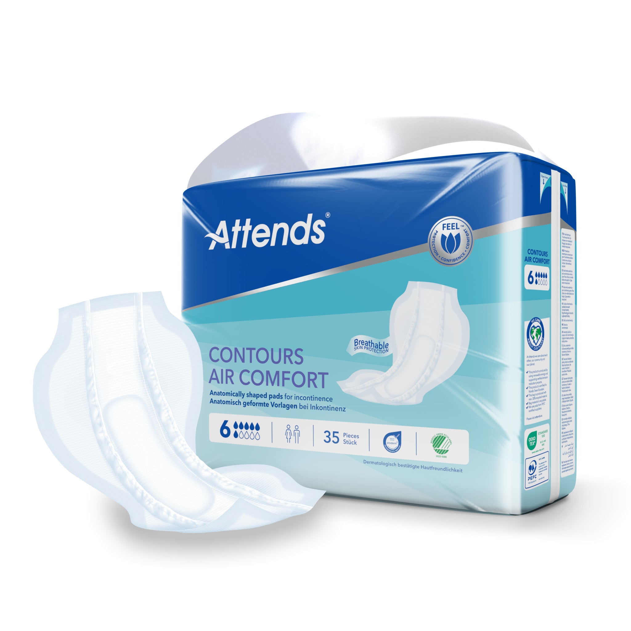 Attends Contours Air Comfort 6 incontinence pads, 35 pieces, soft breathable material, designed for comfort and protection.