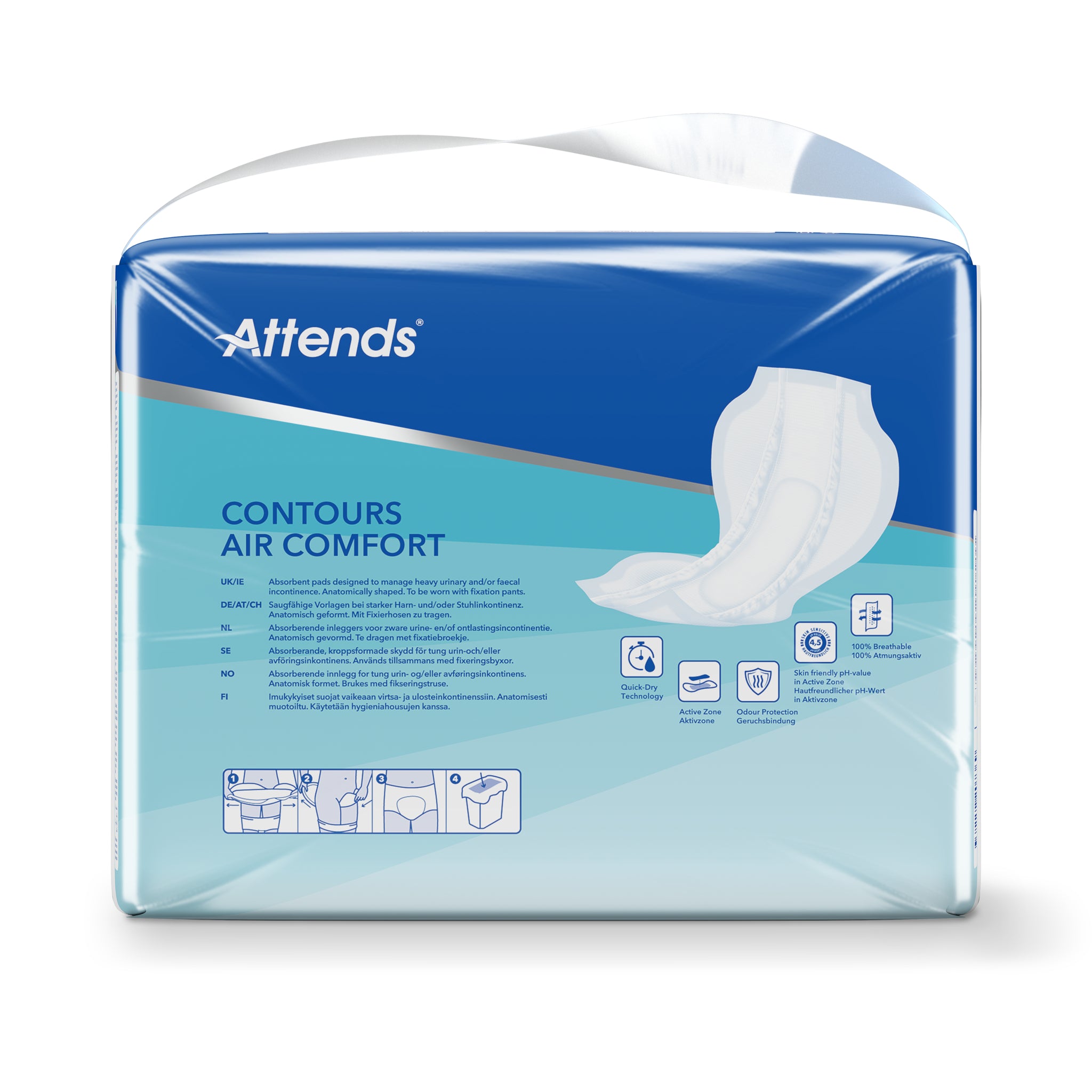 Attends Contours Air Comfort 6 incontinence pads, 35-piece pack, with breathable design for discreet protection.