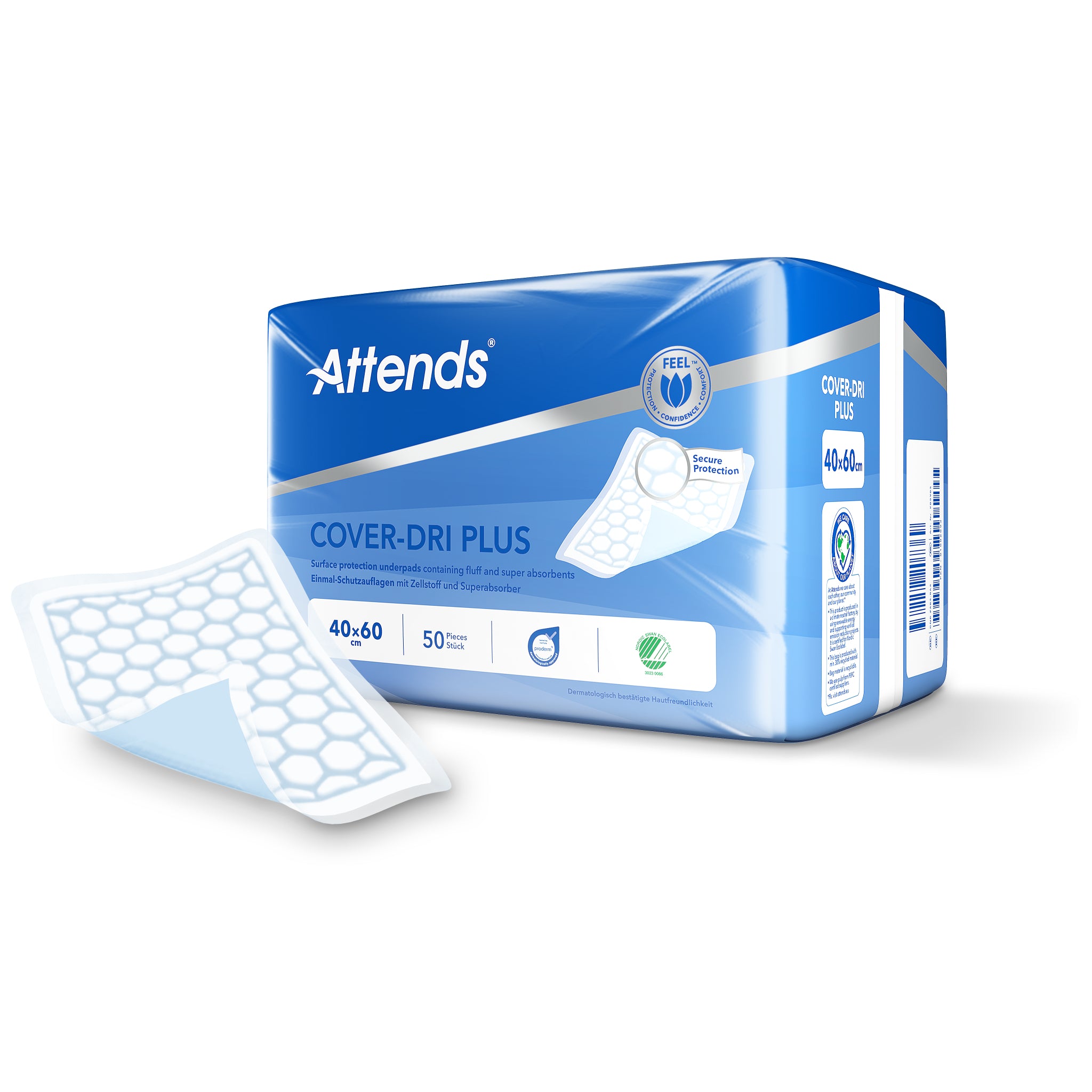 Attends Cover dri+ incontinence pads, 40x60 cm, pack of 50, designed for discreet urinary management and comfort.