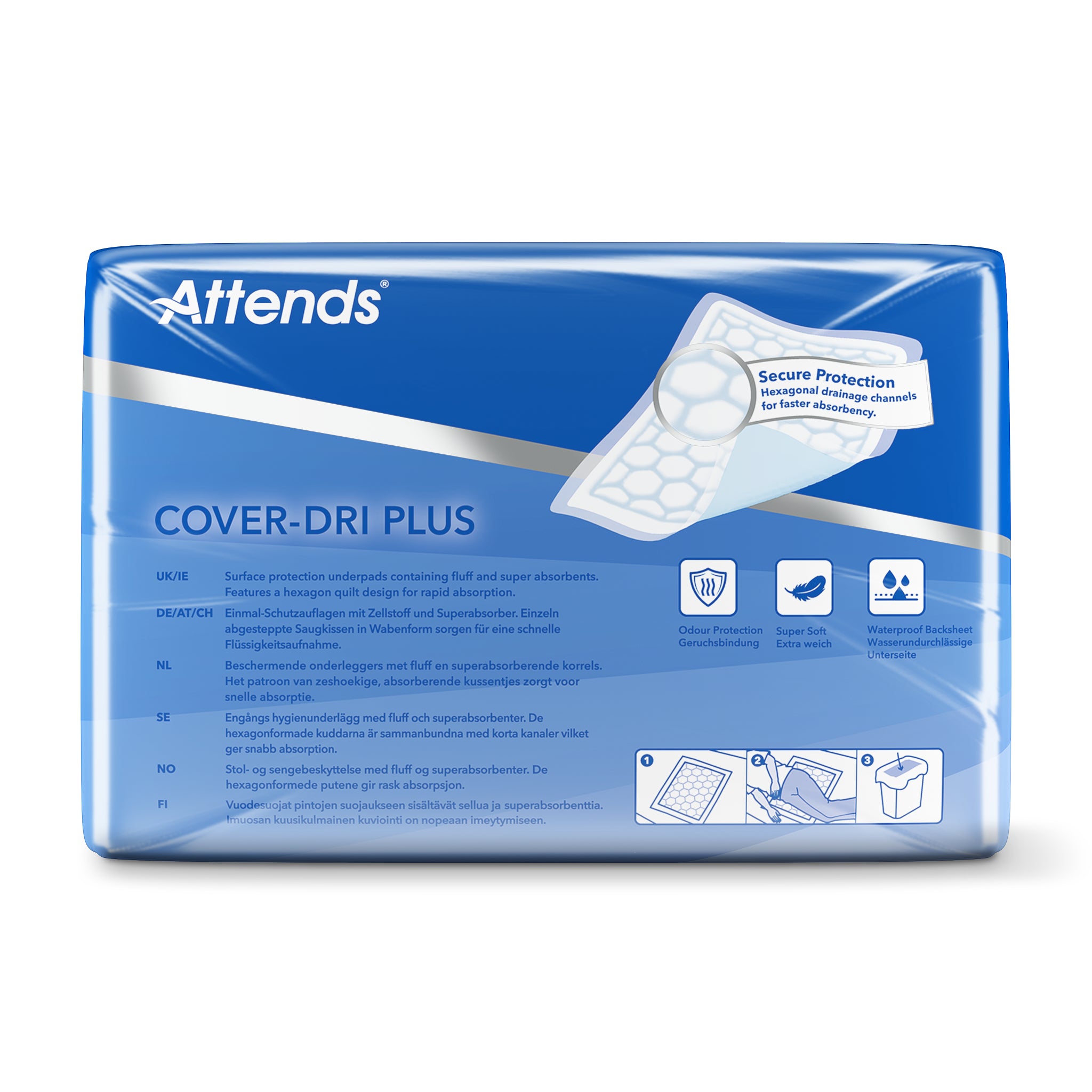 Attends Cover dri+ incontinence pads, 40x60 cm, pack of 50, absorbent discreet protection for adults.