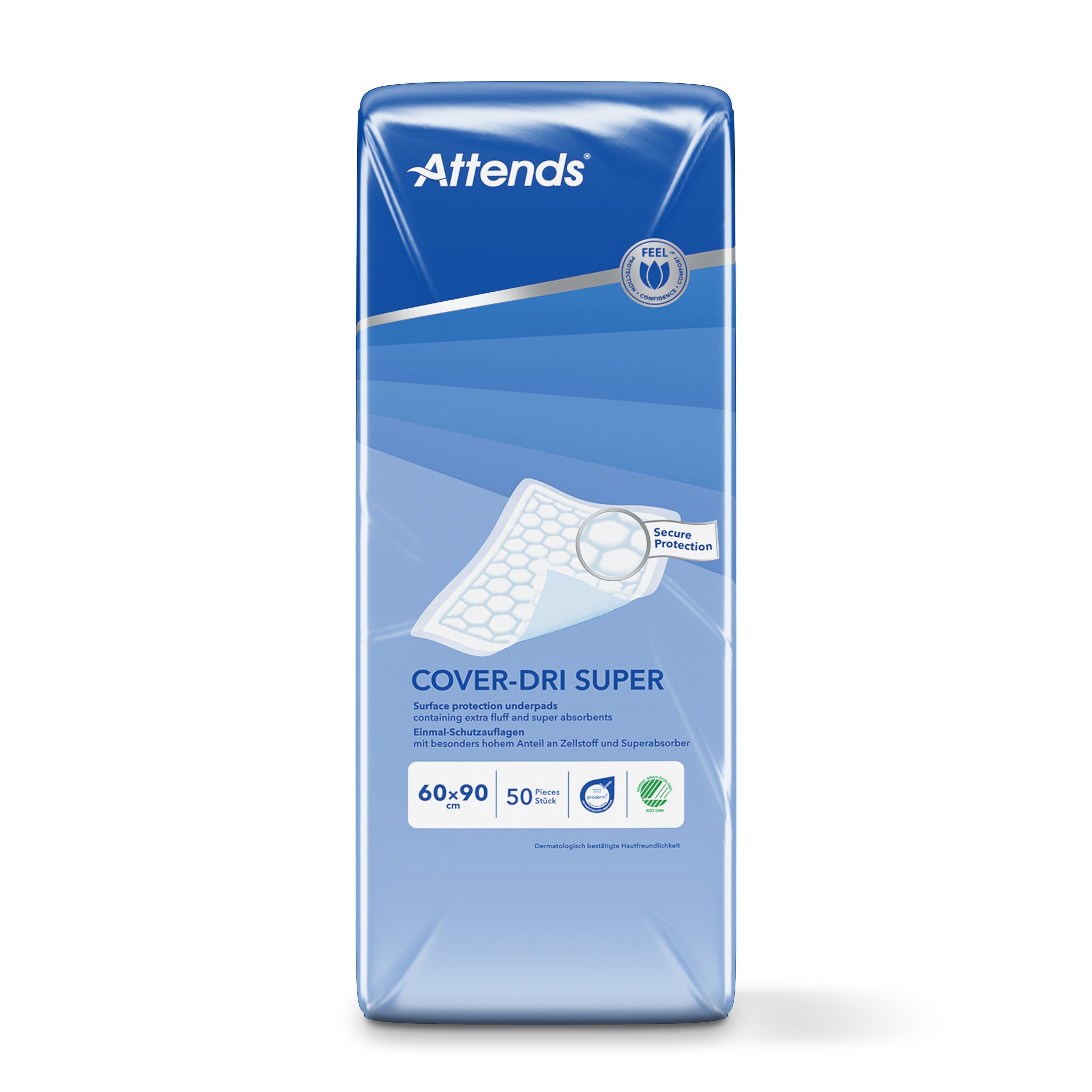 Pack of 50 Attends Cover Dri Super incontinence pads, 60x90cm, shown in the image with absorbent, soft material for bladder protection.