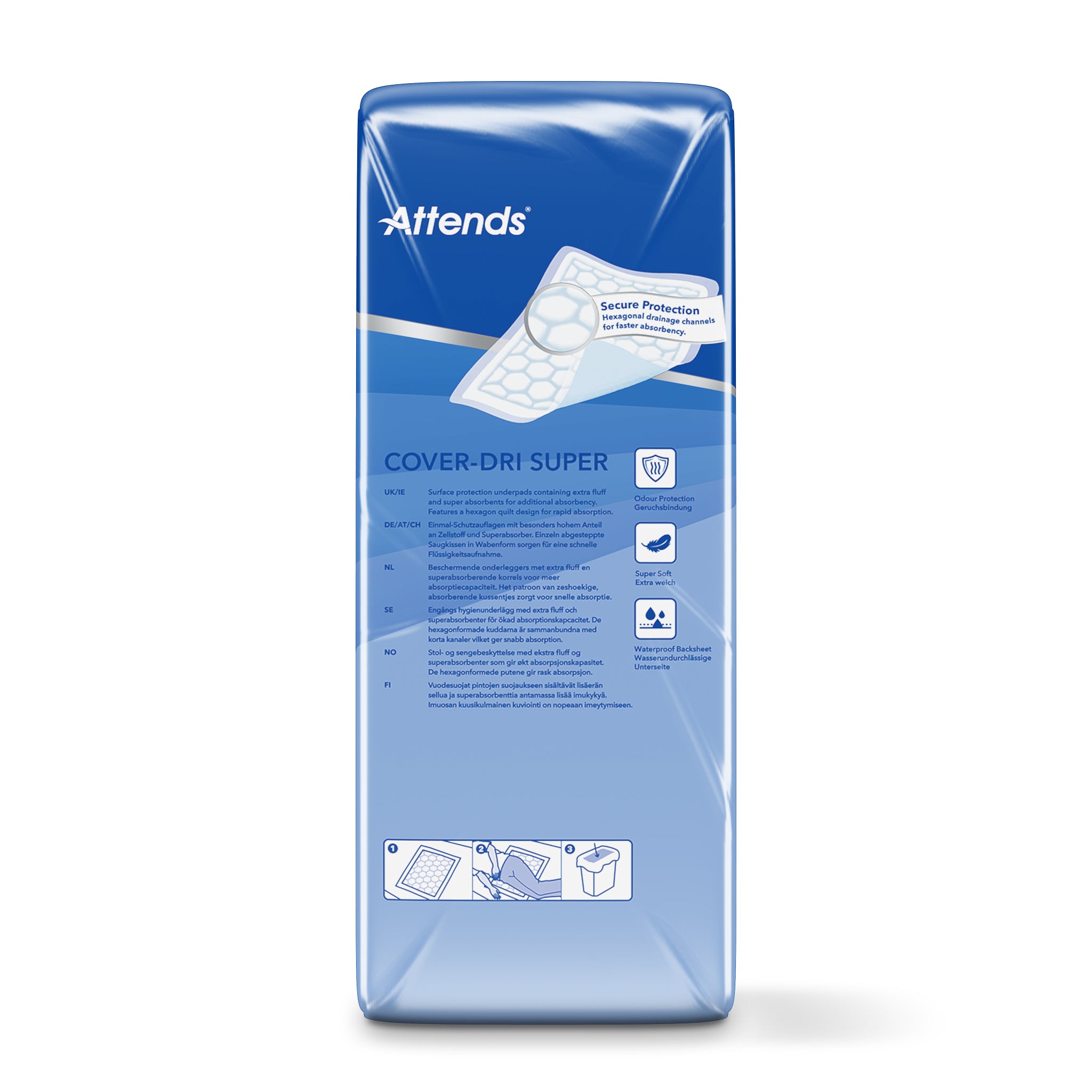 Attends Cover Dri Super incontinence pads, 60x90cm, pack of 50, designed for maximum absorbency and comfort.