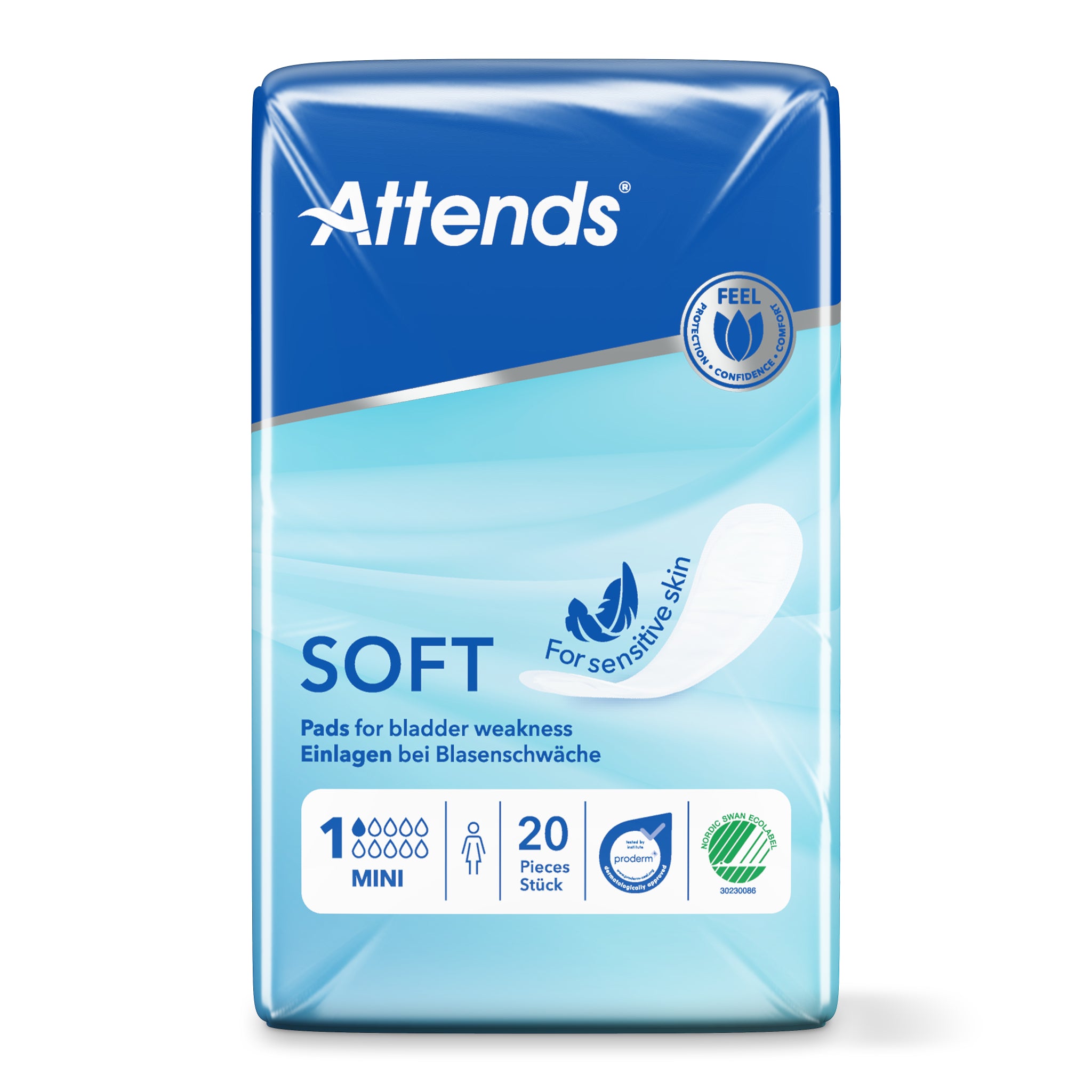 Attends Inlegger soft mini incontinent pads, 20-pack, reusable and discreet incontinence protection with absorbent material.