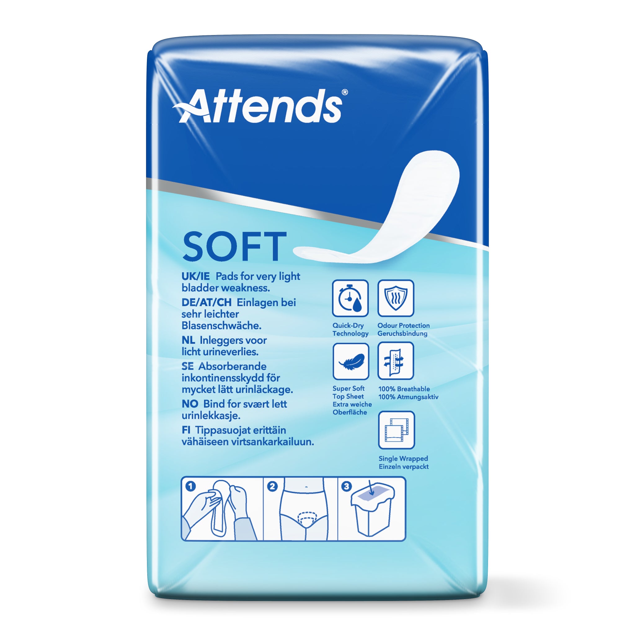 Attends Inlegger soft mini incontinent pads, 20-pack, discreet absorbent incontinence pads for light bladder leaks.