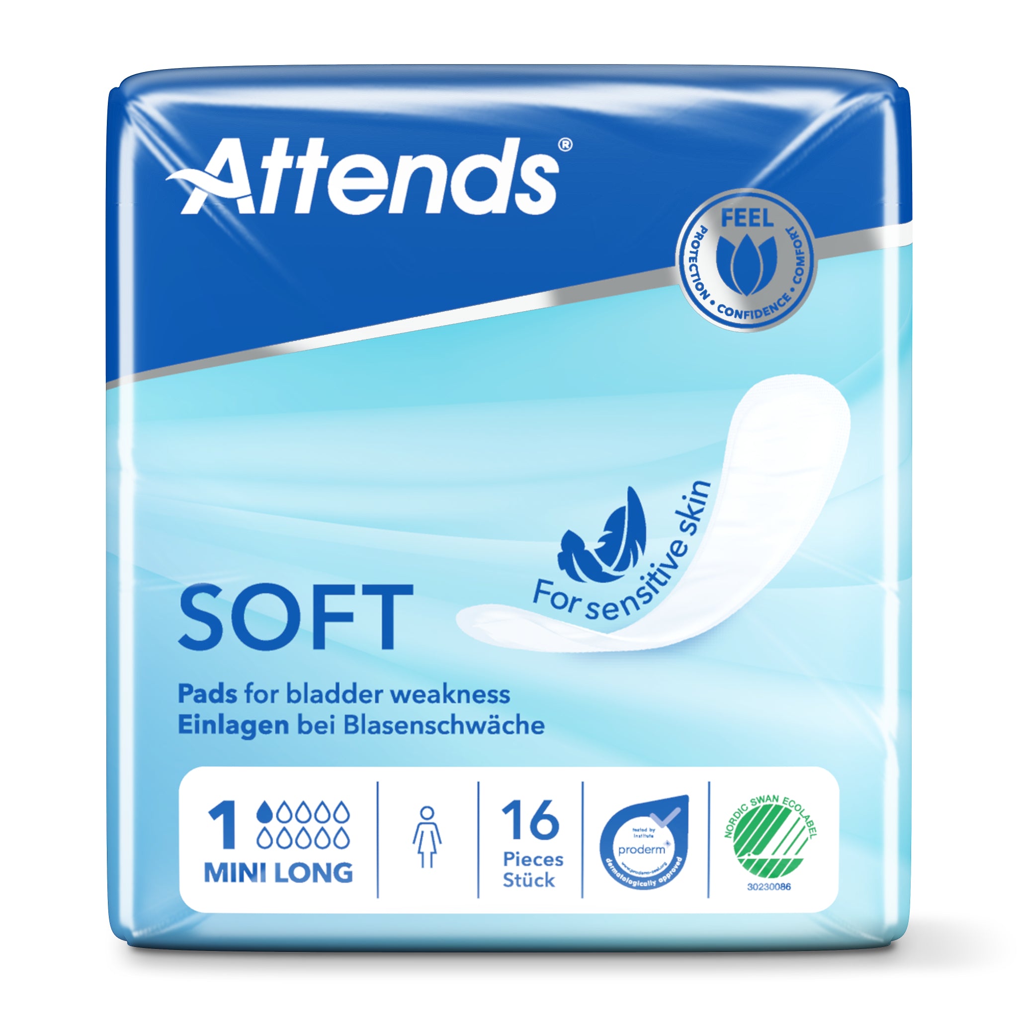 Attends Inlegger soft mini incontinence pads, 16-pack, with discreet absorbent material and soft fabric for comfort.