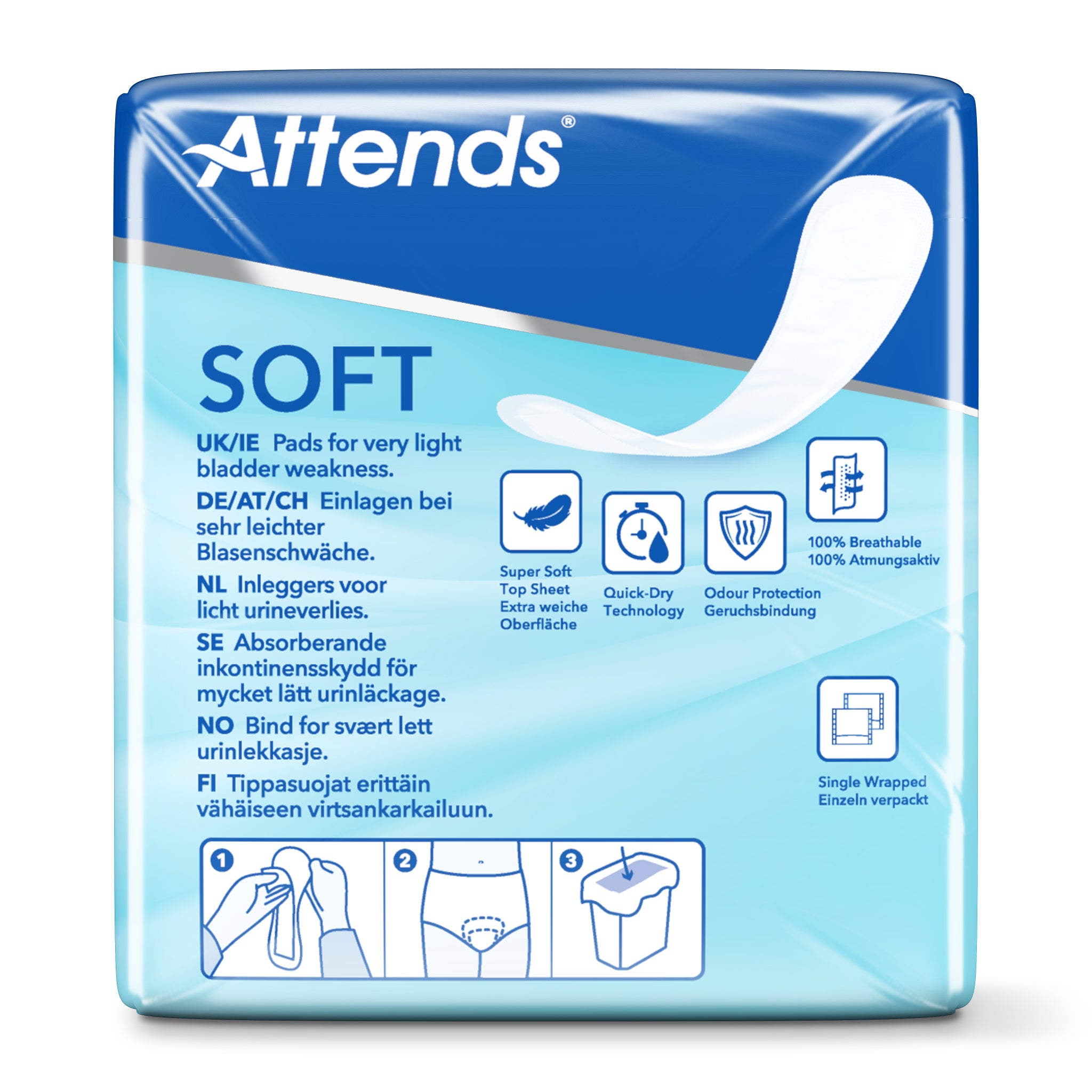 Attends Inlegger soft mini incontinence pads, 16-pack, shown in the image, designed for discreet protection and comfort