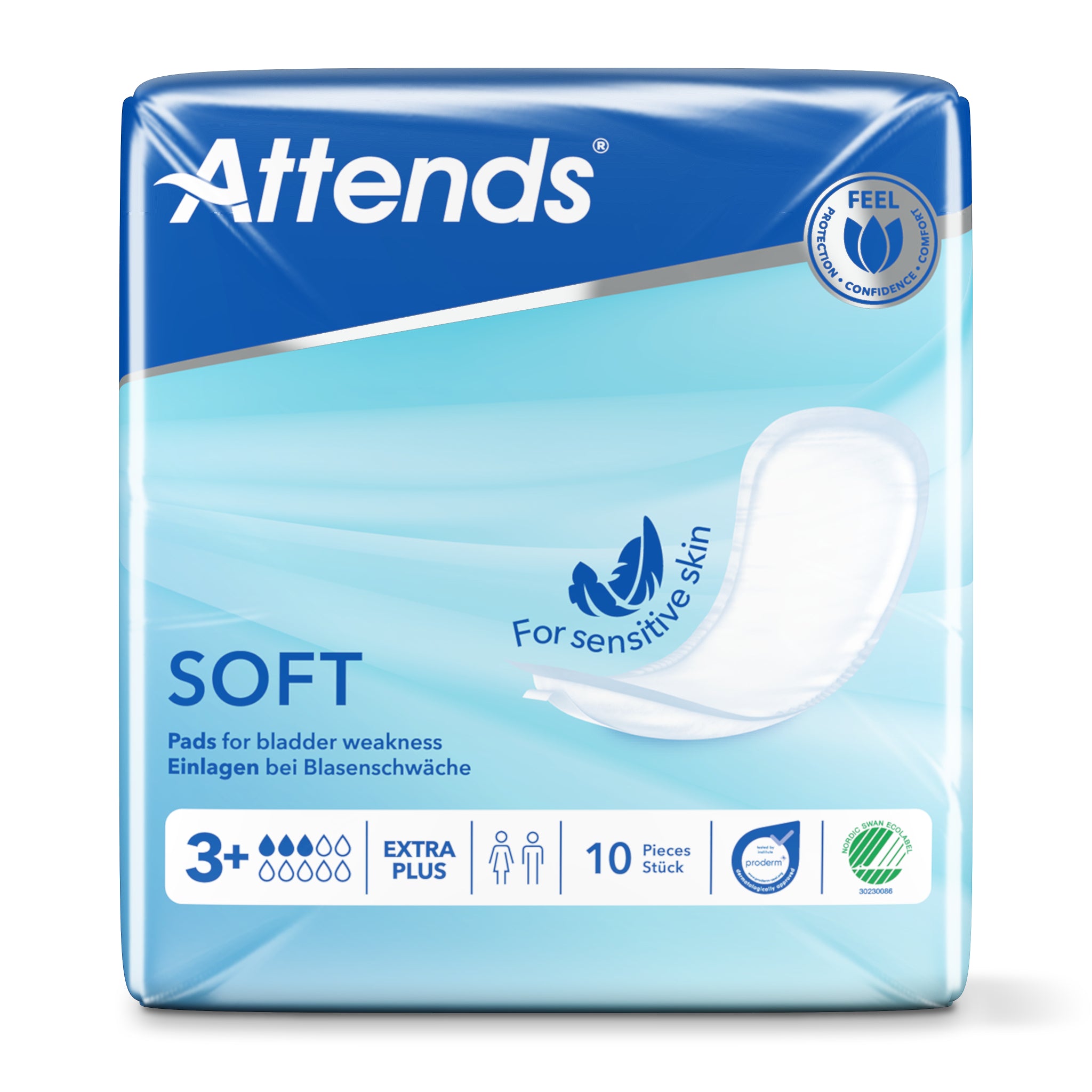 Attends Inlegger Soft Extra Plus incontinent pads, 10-pack, with soft absorbent material and discreet fit for adult incontinence.