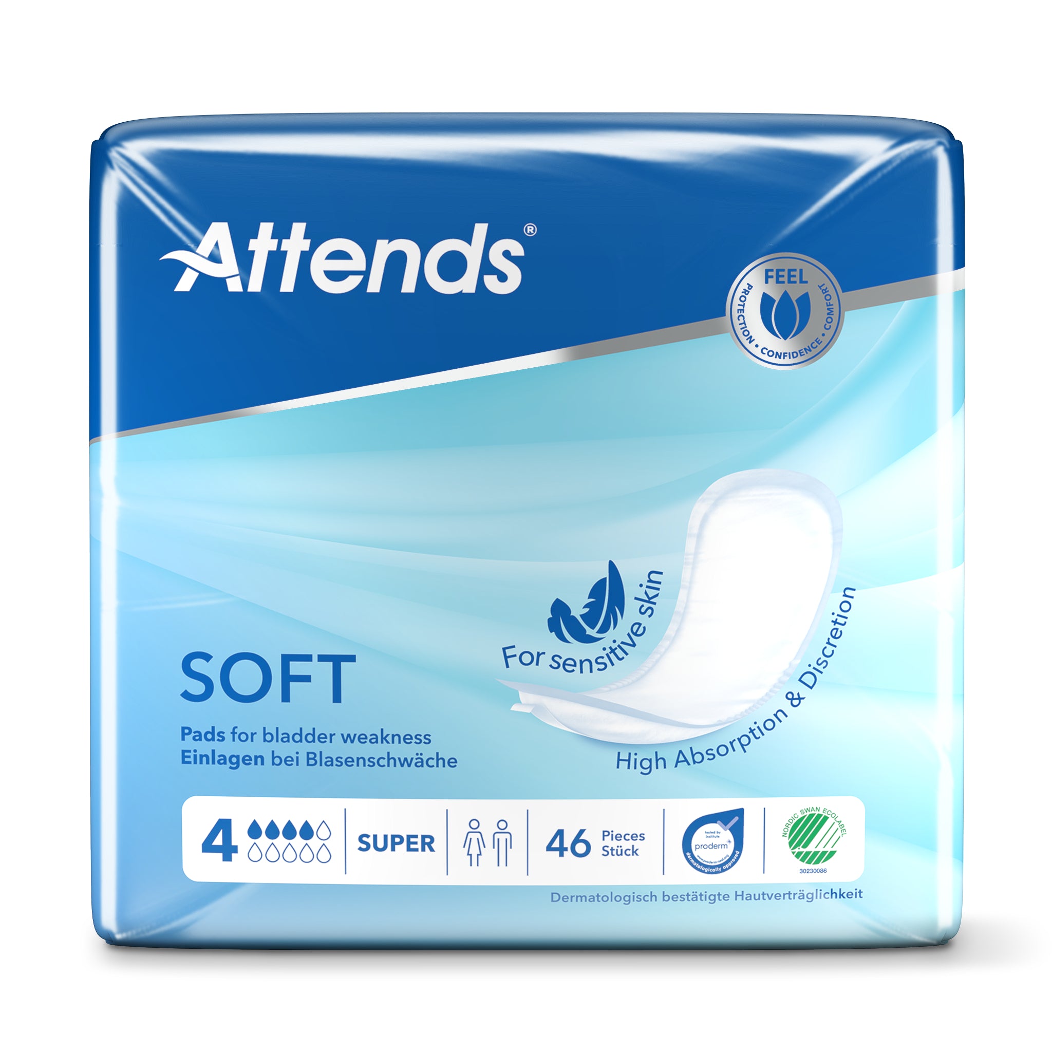 Attends Inlegger Soft Super 4 incontinent pads, 46-pack, discreet absorbent incontinence underwear for adults.