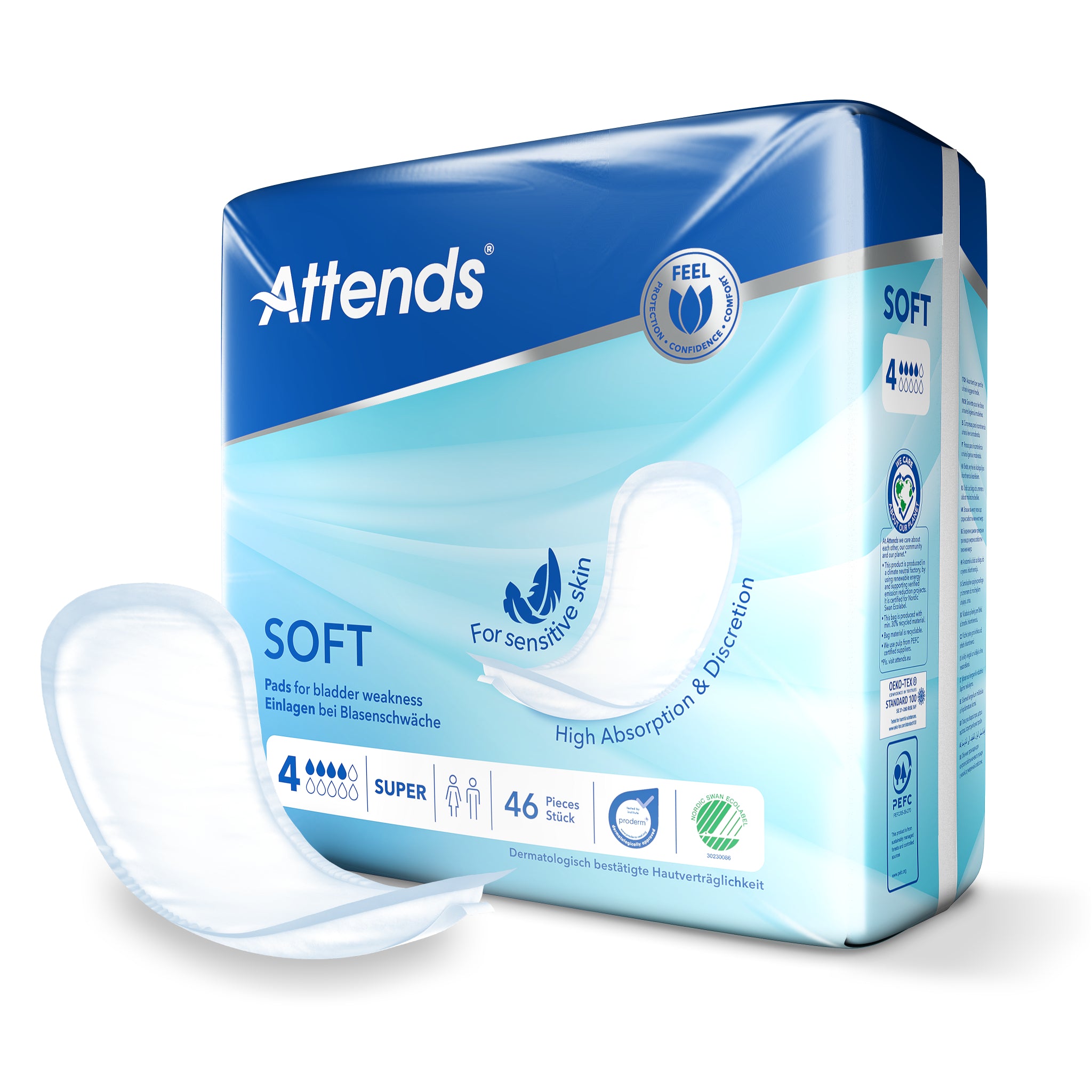 Attends Inlegger Soft Super incontinence pads, 46 pieces, with discreet, absorbent design for comfortable protection.
