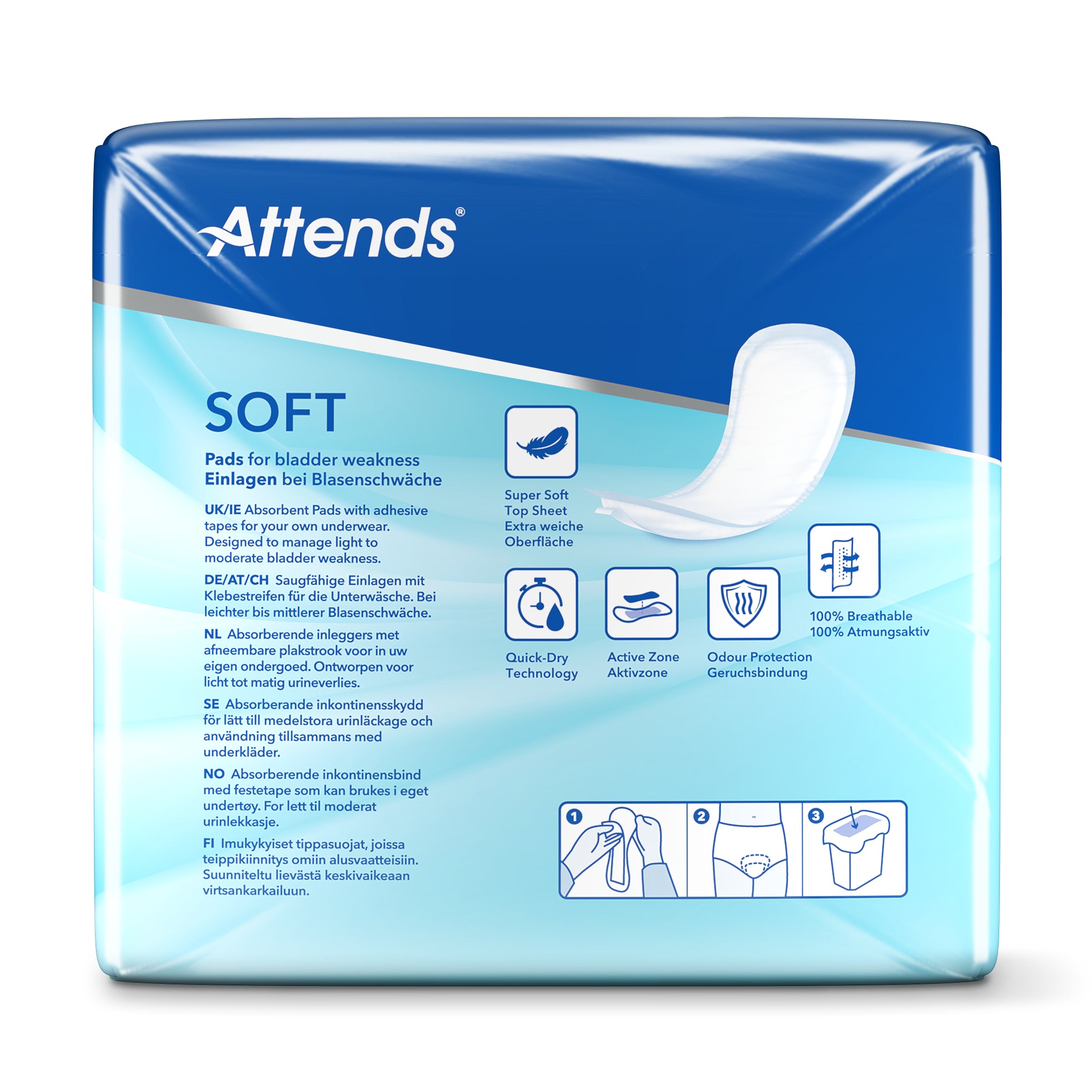 Attends Inlegger Soft Super incontinent pads, 46-piece pack, designed for discreet urinary incontinence protection.