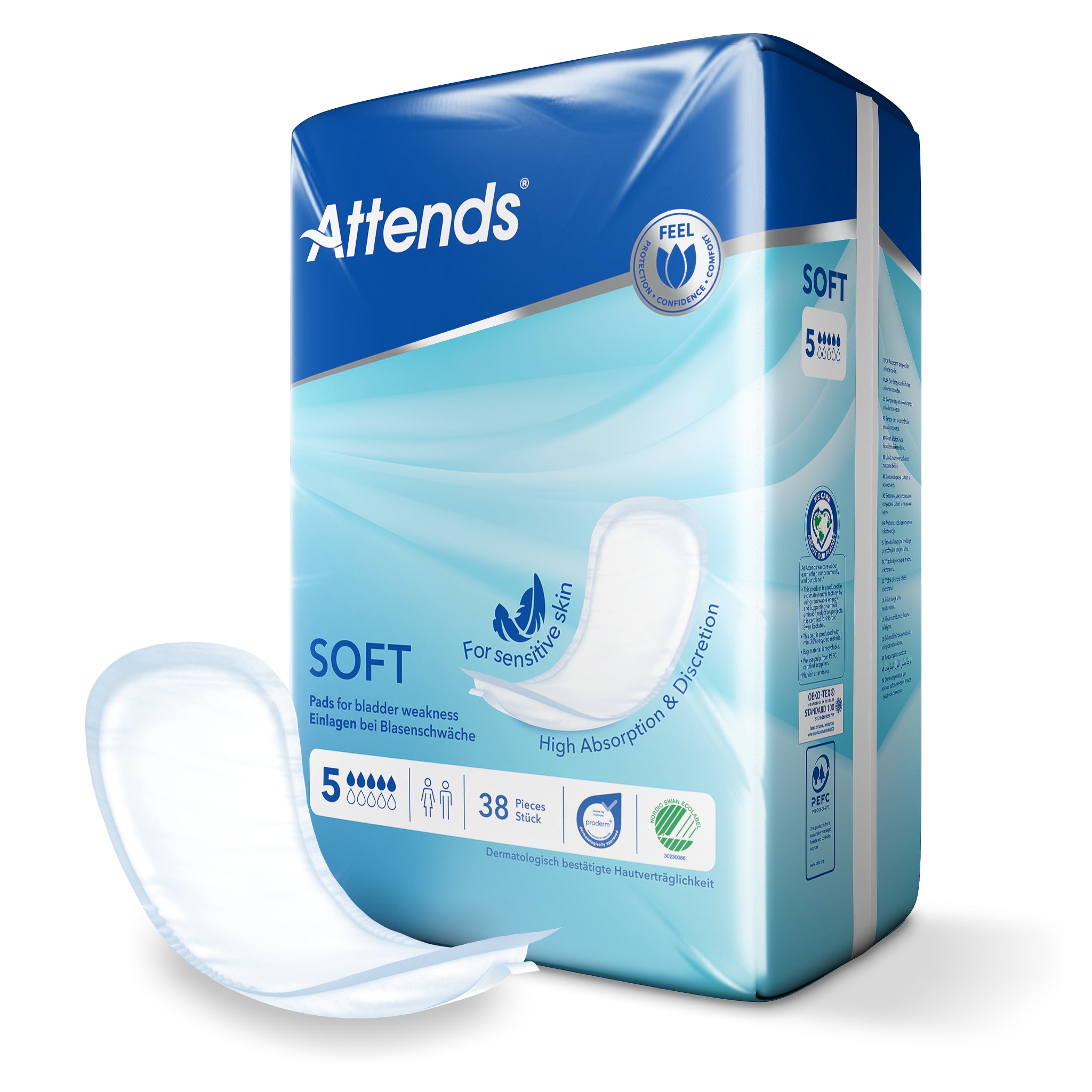 Attends Inlegger Soft 5 incontinent pads, pack of 38, designed for discreet absorbency and comfort.