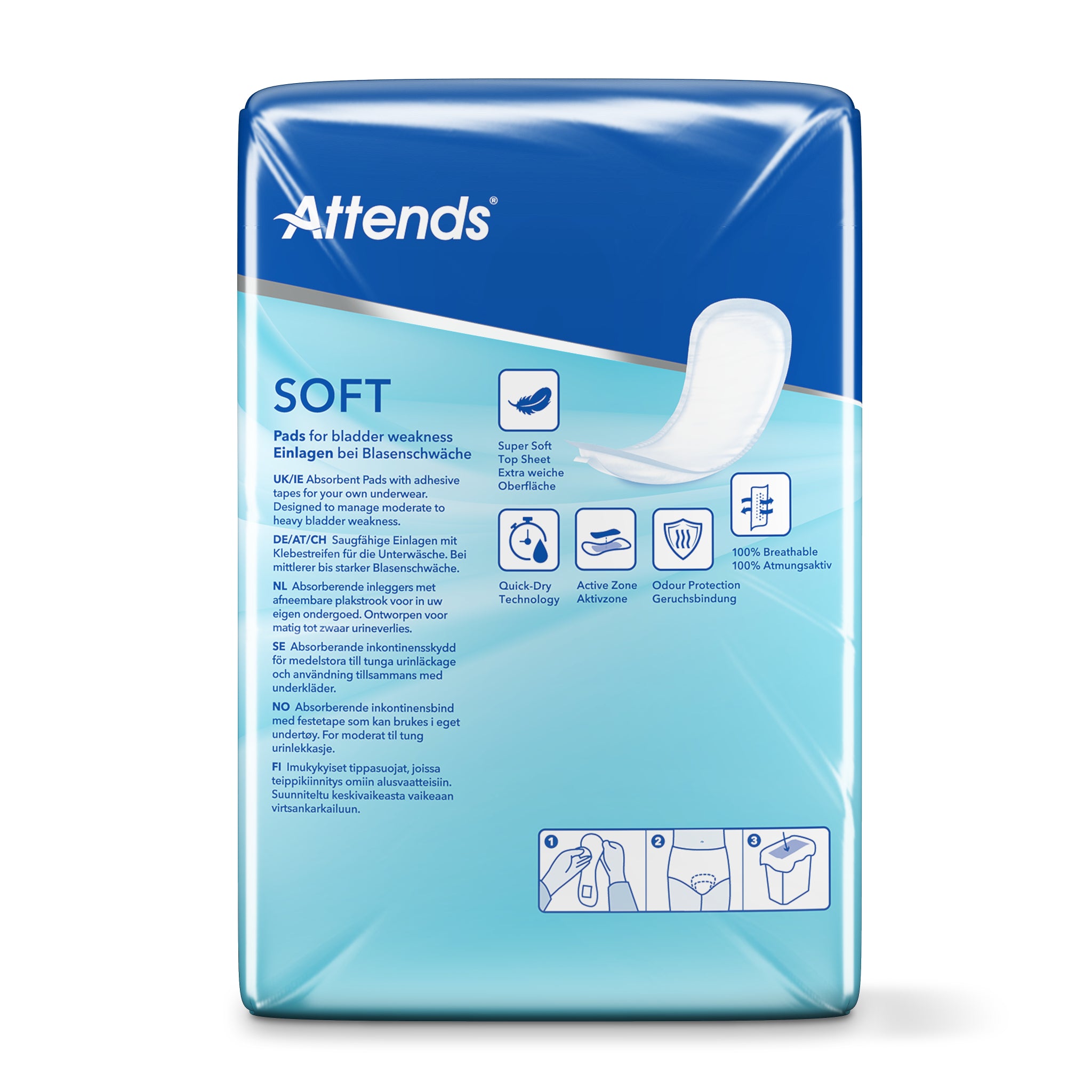 Pack of 38 Attends Inlegger soft 6 incontinent pads showing absorbent, comfortable incontinence absorbent pads by Attends.