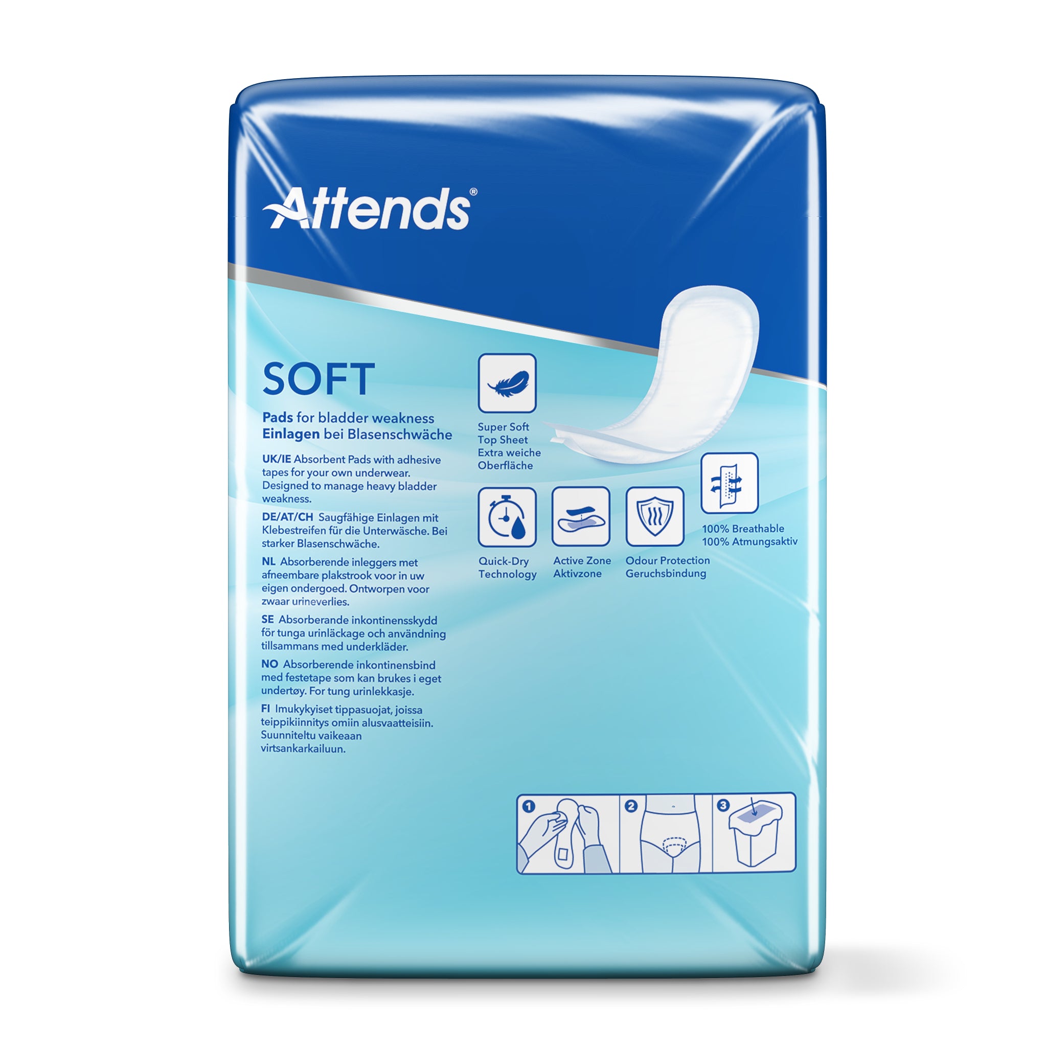 Attends Inlegger Soft 7 incontinent pads, pack of 34, featuring discreet, absorbent incontinence protection from Attends.