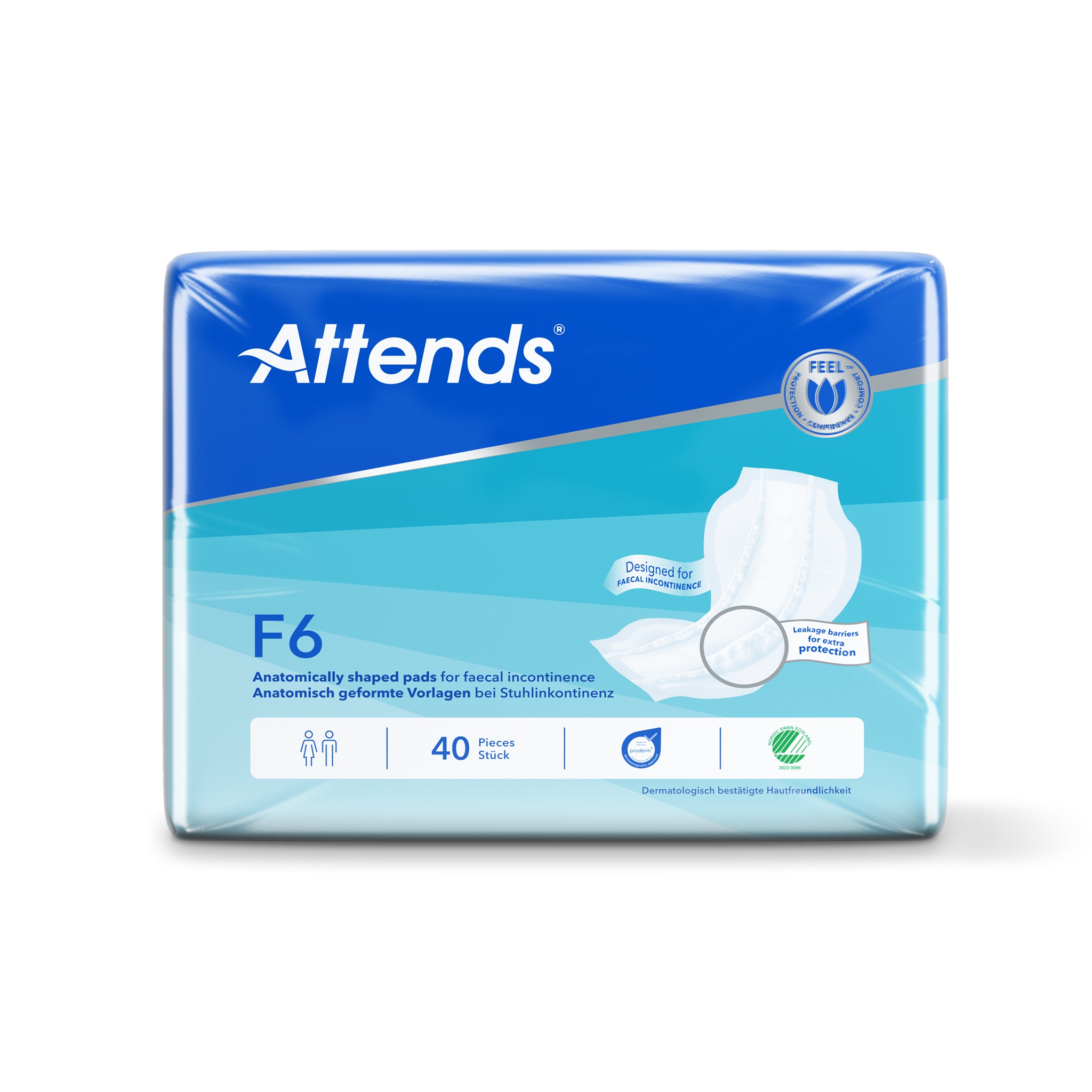 Attends Faecale inlegger F6 incontinentie inleggers, 40 stuks, with absorbent material designed for fecal incontinence.