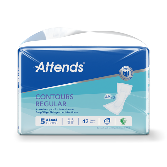 Attends Inlegger Contours 5 incontinence pads, 42 pieces, designed for discreet and comfortable urinary protection.