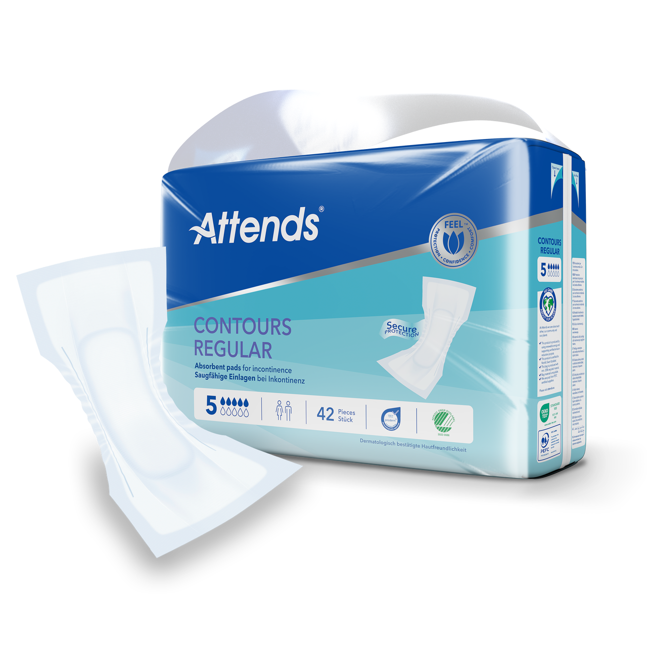 Attends Inlegger Contours 5 Incontinence Pads, 42 pieces, designed for comfortable and discreet urinary protection.