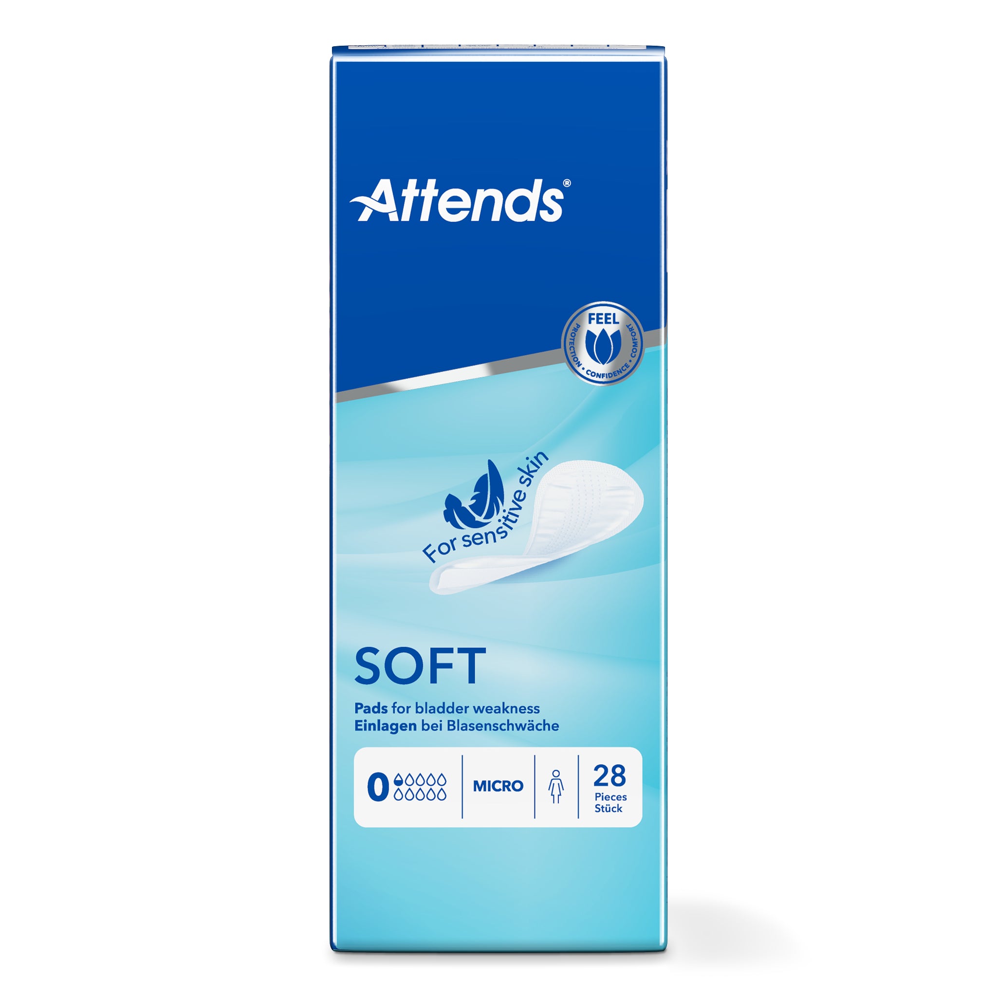 Attends Inlegger soft micro incontinent pads, 28 disposable incontinence pads, showing absorbent material and packaging.