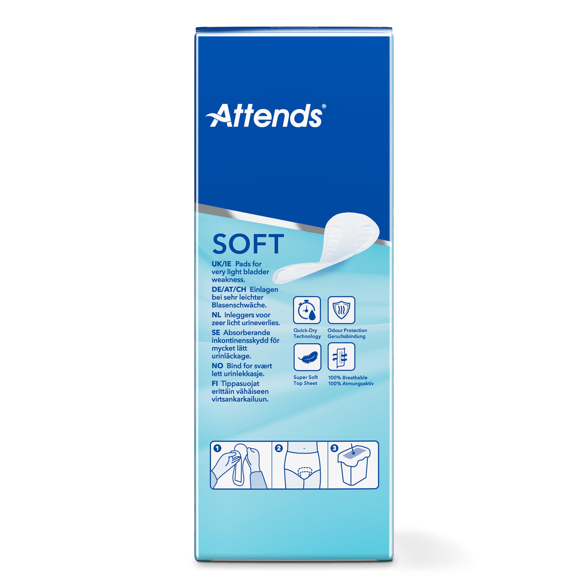 Attends Inlegger soft micro incontinent pads, 28 pack, discreet and absorbent for bladder control, shown in the image.