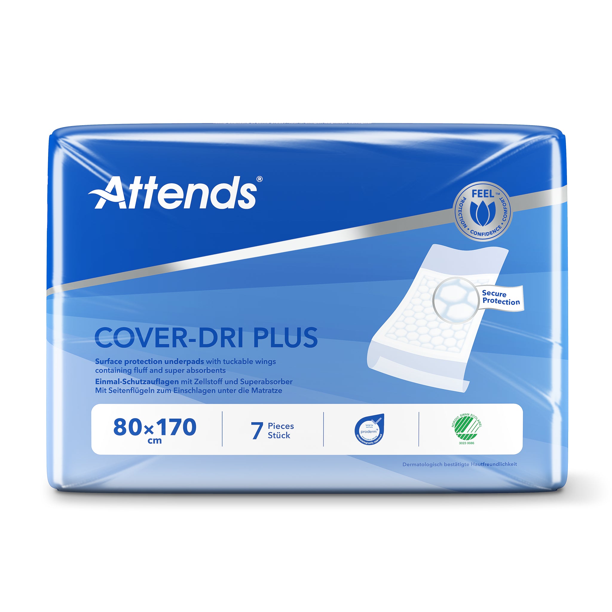 Attends Cover Dri incontinence pads, 80 x 170 cm, 7 pieces, designed for discreet urinary protection.
