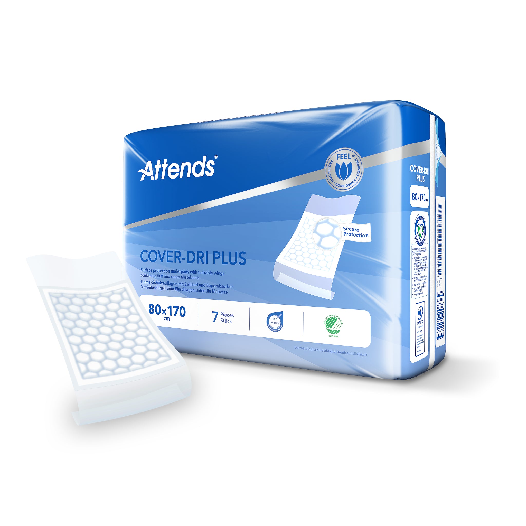 Attends Cover Dri incontinence pads, 80 x 170 mm, pack of 7, absorbent protection for adults.