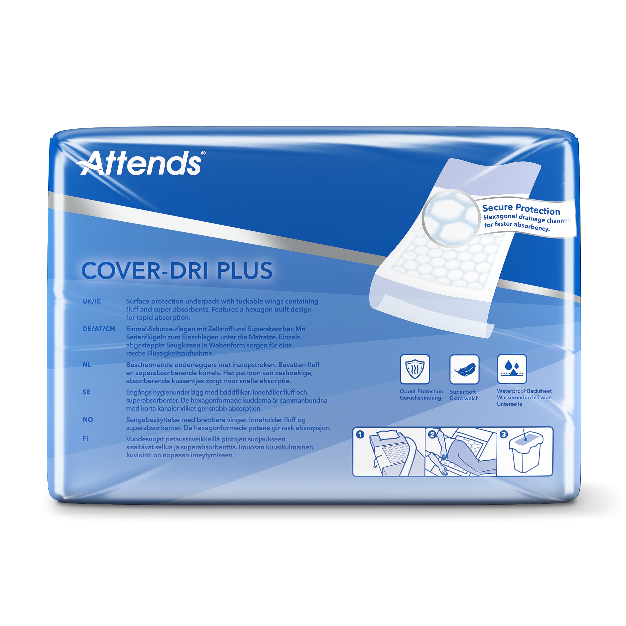 Attends Cover Dri incontinent pads, 80x170 cm, 7-pack, absorbent incontinence protection for adults.