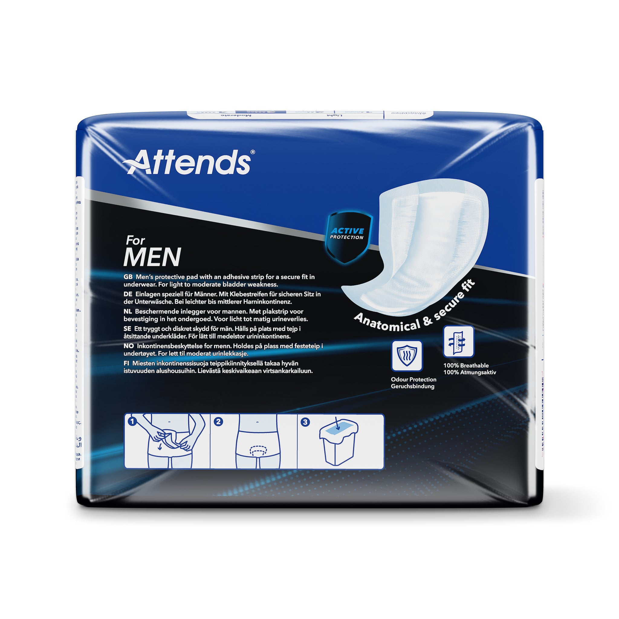 Attends men's incontinence pads in a pack of 14, featuring discreet, absorbent protection for daily use.