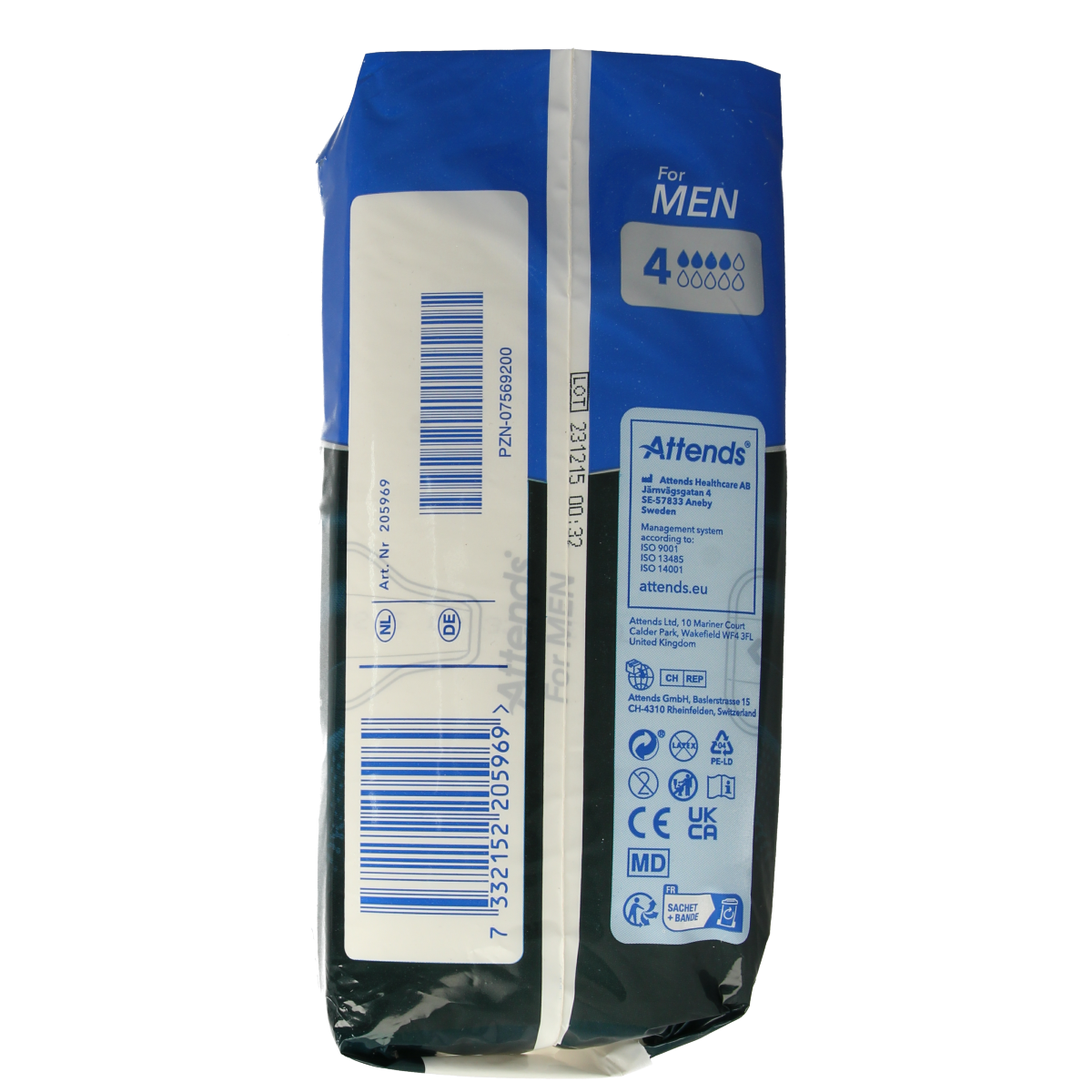 Pack of four Attends men's incontinence pads, discreet and absorbent, designed for comfortable protection.