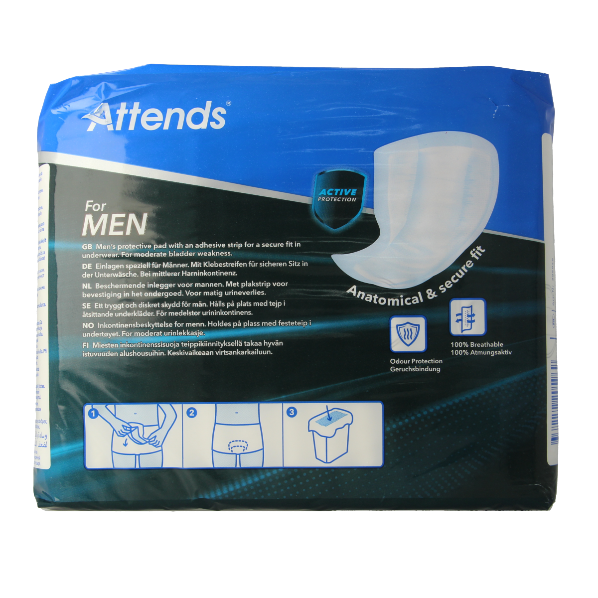 Attends Men incontinent pads, pack of 14, featuring discreet absorbent design for comfortable protection.