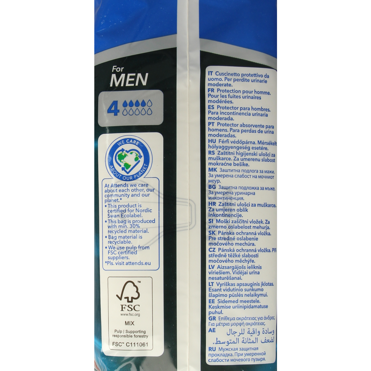 Attends men's incontinence pads pack with 14 disposable absorbent underwear for men, shown in the product image.
