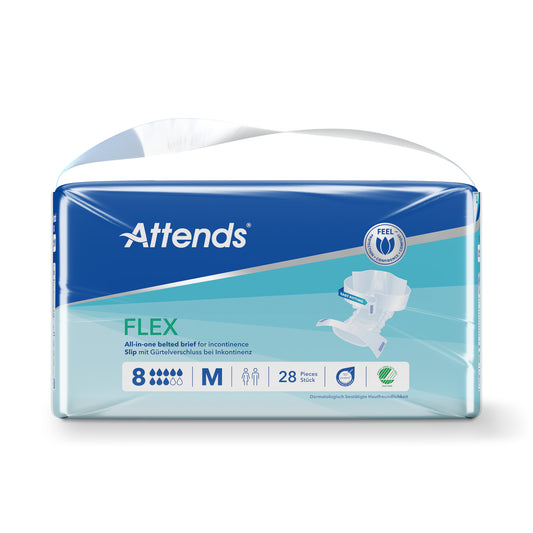 Attends Flex incontinence pads, size M, 75-105cm, 28-pack, absorbent product for adult bladder protection.