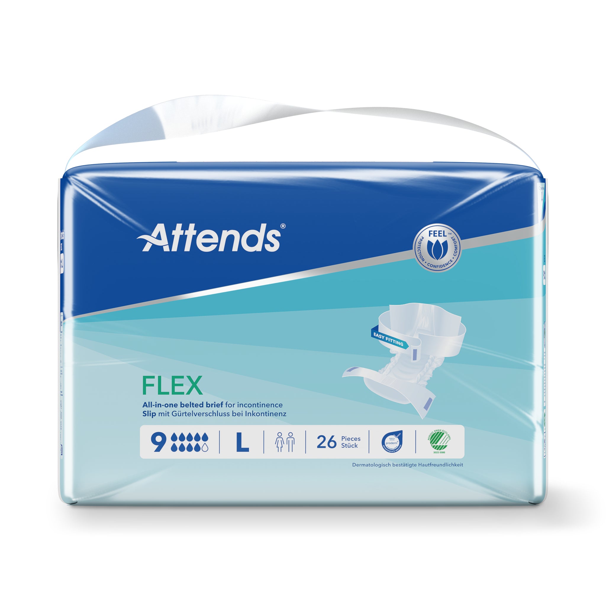 Attends Flex incontinence pads, size L, for waist 85-125cm, pack of 26, designed for discreet absorption and comfort.