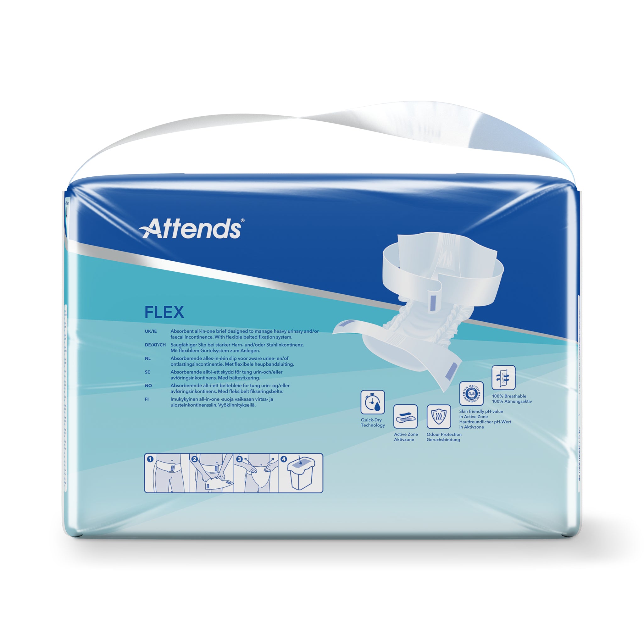 Attends Flex incontinence pads, size L, 85-125cm, pack of 22, designed for secure comfort and absorption.