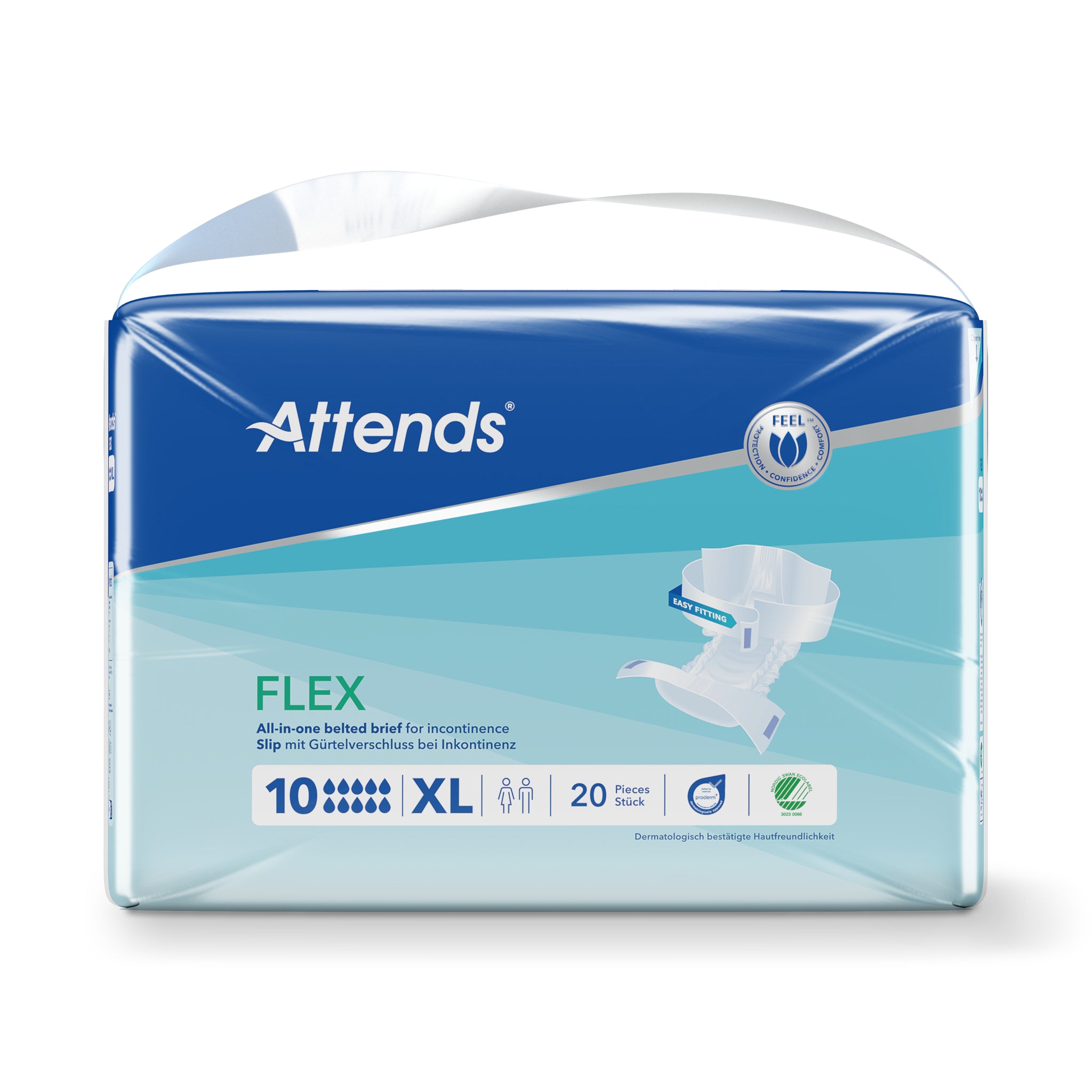 Attends Flex XL incontinentie pads, 100-155cm, 20 stuk, absorbent incontinence pads for adults, white with blue accents.