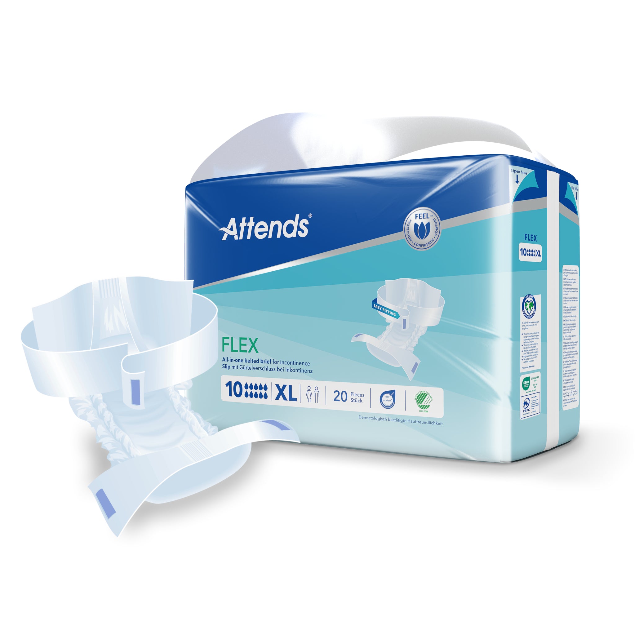 Attends Flex XL incontinentie inleggers, 20 pieces, for waist 100-155cm, showing absorbent core and breathable material.