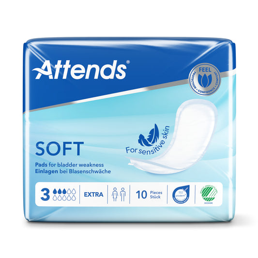 Attends Inlegger Soft Extra 3 incontinence pads, 10-pack, absorbent incontinence protection for adults