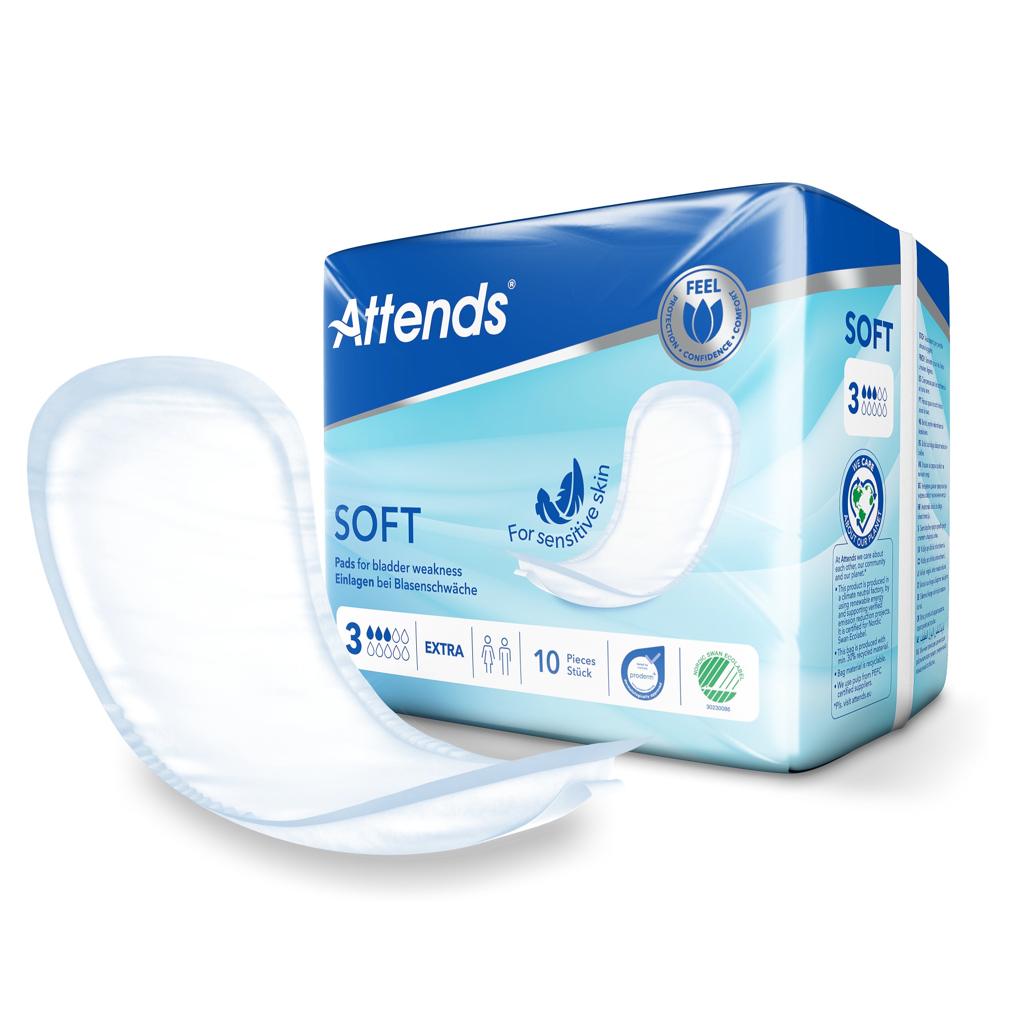 Attends Inlegger Soft Extra 3 incontinence pads, pack of 10, with discreet absorbent design for comfort and protection.