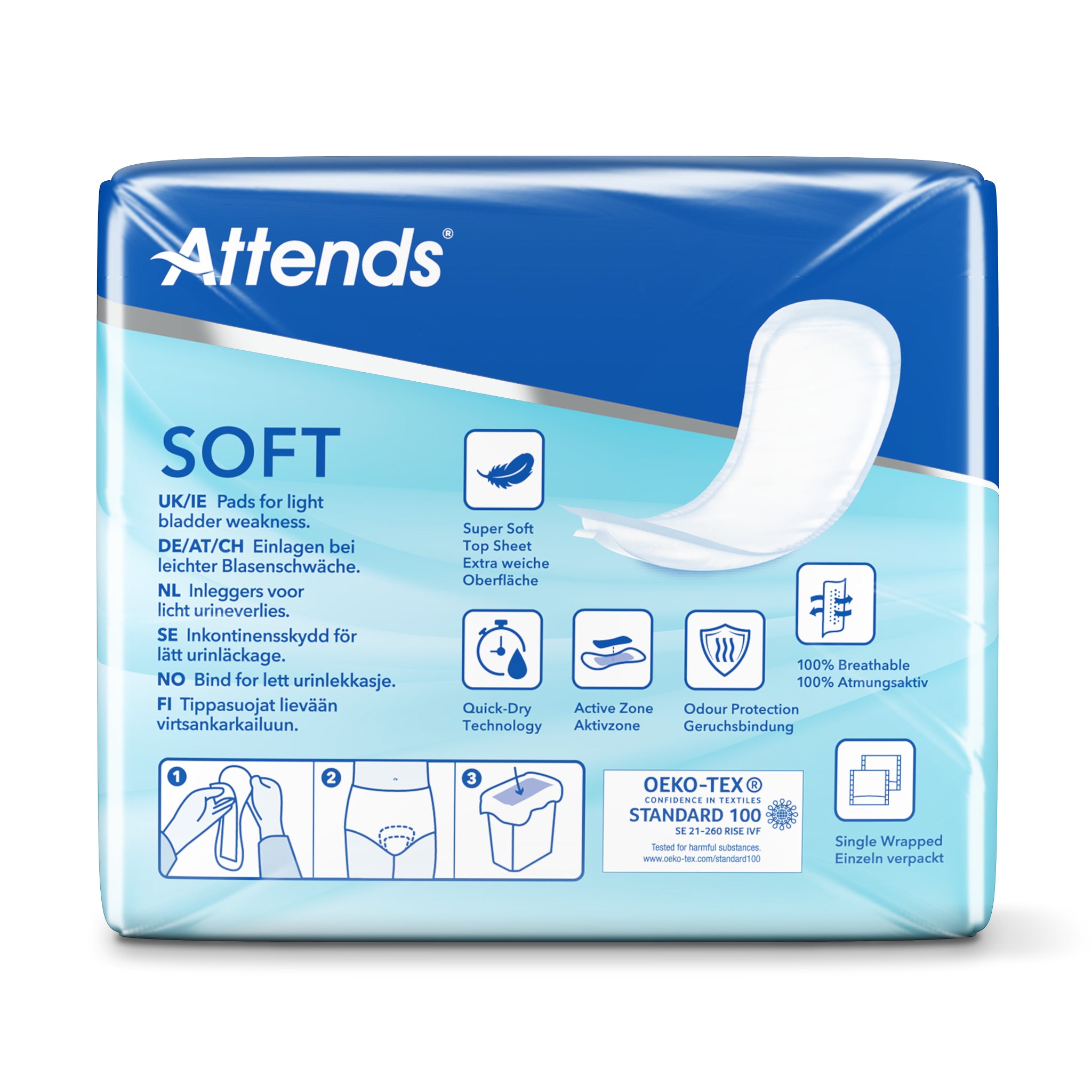 Attends Inlegger Soft Extra 3 incontinence pads, pack of 10, designed for discreet and comfortable protection.
