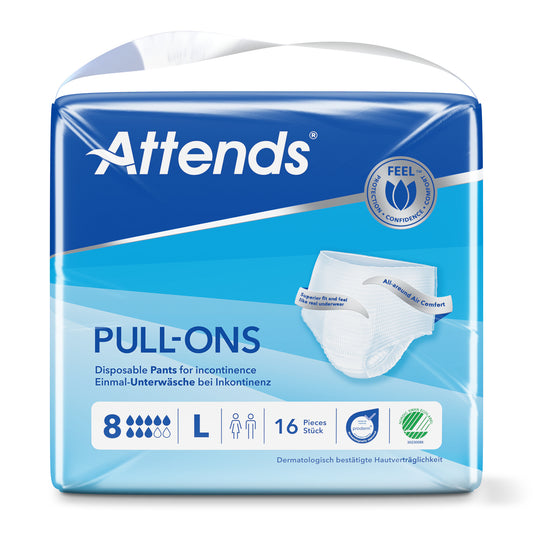 Attends Pull-ons in size L, package of 16 incontinence incontinence underwear for adults, shown in the product image.