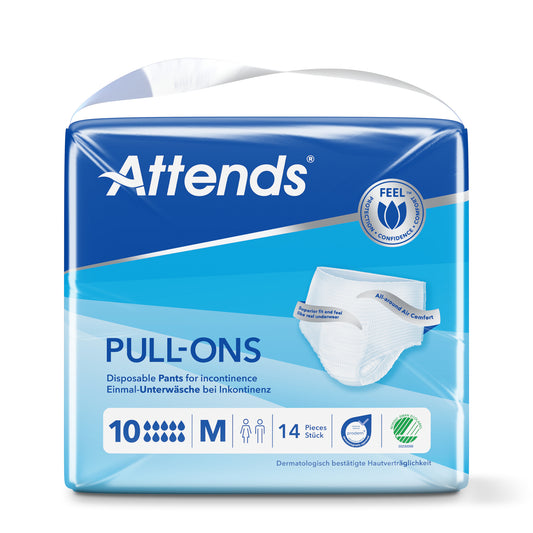 Attends Pull-ons in size M, incontinence underwear, pack of 14, shown in the image with product packaging and pull-on design.