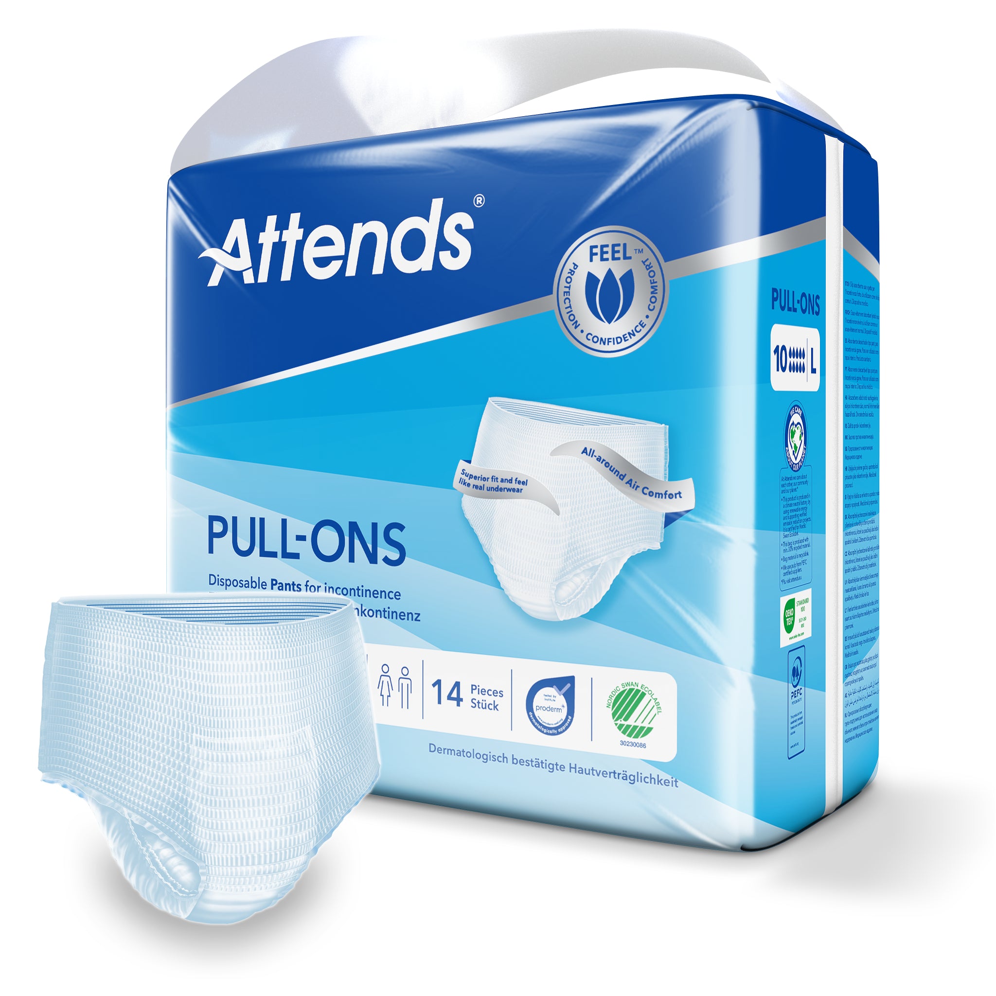 Attends Pull-on incontinent pads in size L, pack of 14, with discreet absorbent design for comfort and protection.