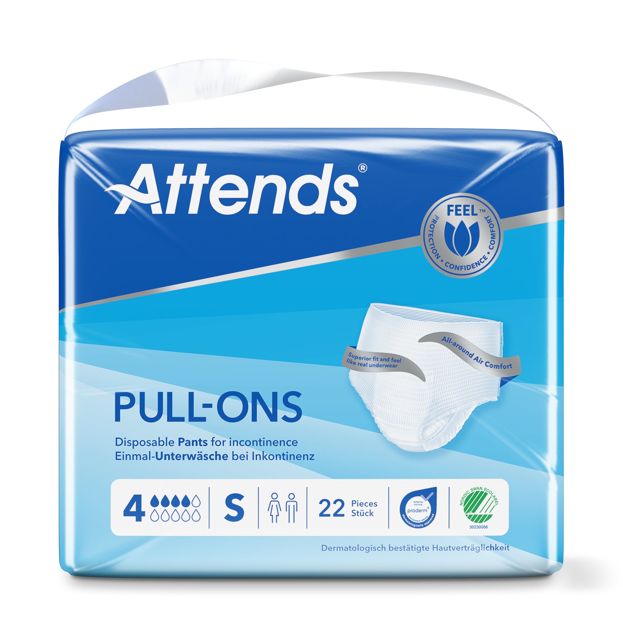 Attends Pull Ons incontinentie in maat S, a pack of 22 adult incontinence pull-up diapers, shown in the image.