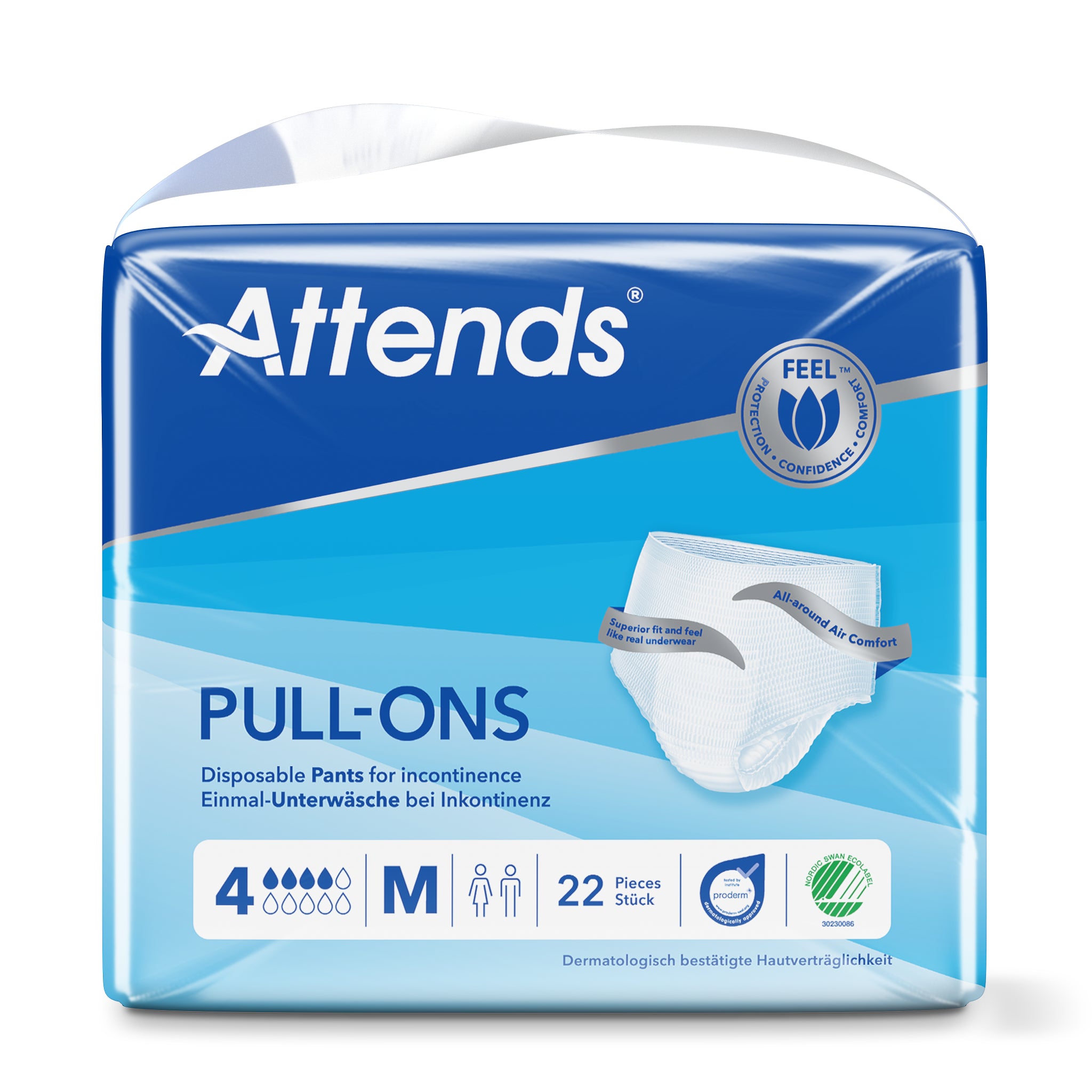 Attends Pull-ons in size M, set of 22 incontinent pads, disposable incontinence underwear for adult use.