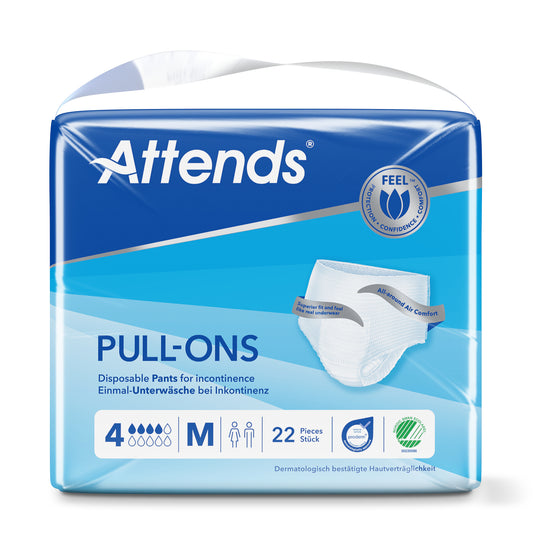 Attends Pull-ons in size M, set of 22 incontinent pads, disposable incontinence underwear for adult use.