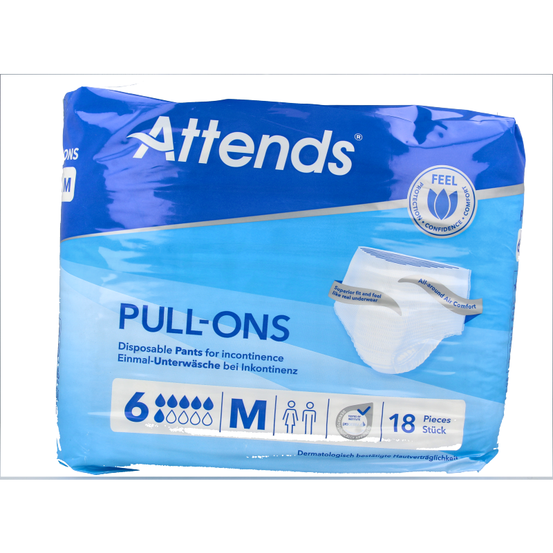 Attends Pull-ons in size M, pack of 18, discreet incontinent underwear for comfortable protection.