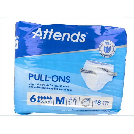 Attends Pull-ons in size M, pack of 18, discreet incontinent underwear for comfortable protection.