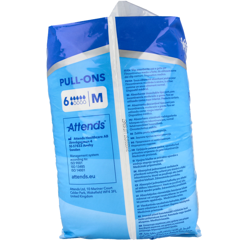 Pack of six Attends Pull-ons in size M for incontinence, showing white, absorbent briefs with elastic waist for comfortable fit.