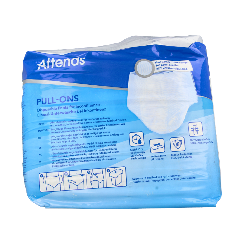 Pack of six Attends Pull-ons in size M for incontinence, featuring absorbent, discreet design for comfortable wear.