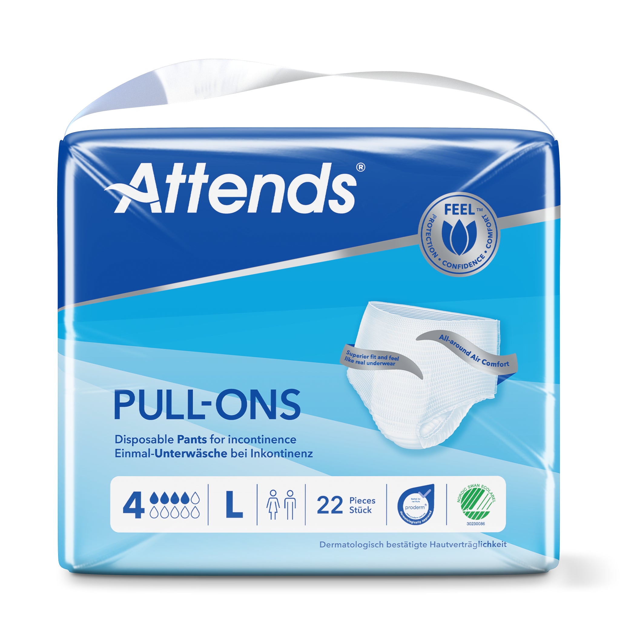 Attends Pull-ons in size L, 22 pack, incontinence incontinence undergarments for adults, showing the product packaging.